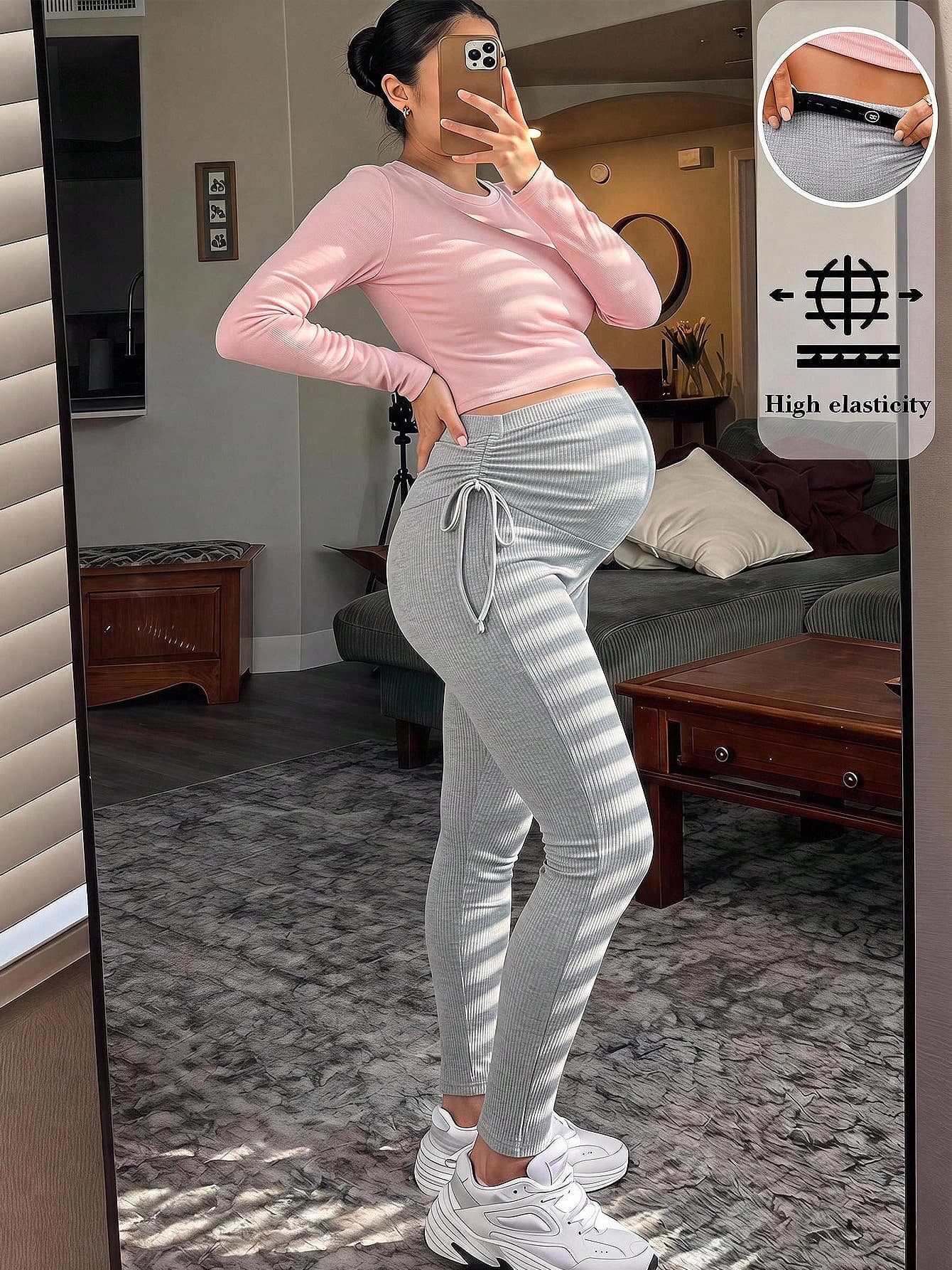 Lyckli Grey Maternity Leggings With Adjustable Side-Drawstring Waist – Suitable For Casual Wear
