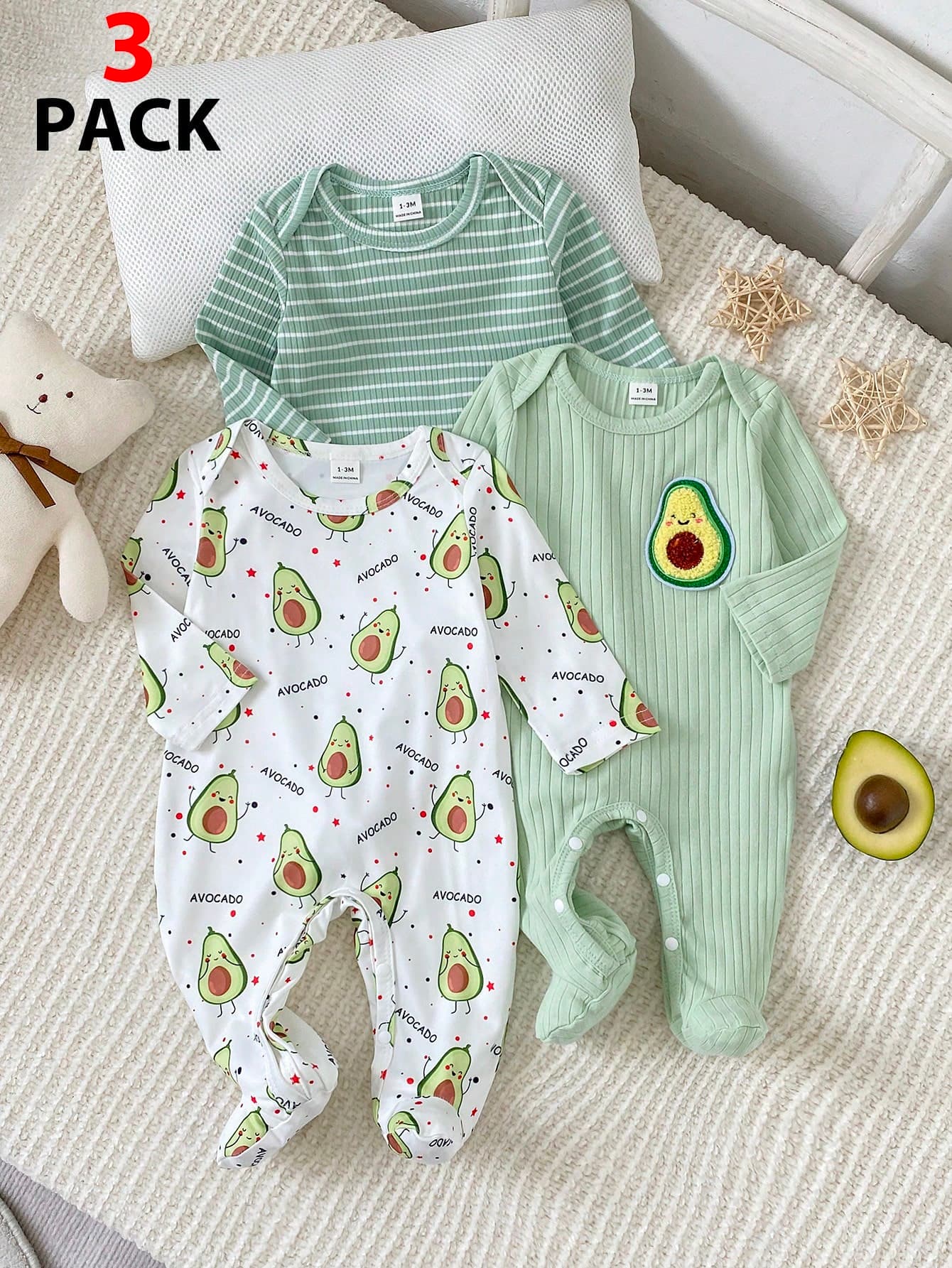 SHEIN 3pcs/Set All Season Green Series Cute Avocado Newborn Long Sleeve Footed Jumpsuits, Comfortable Soft Home Wear, Best Gift For Newborns