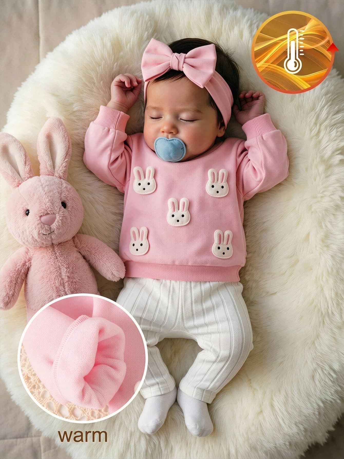 SHEIN Playful Pals Infant Toddler Autumn/Winter Pullover Set, Baby Girl Cute 3D White Rabbit Pink Sweatshirt And Soft Skin-Friendly White Pants Outfit