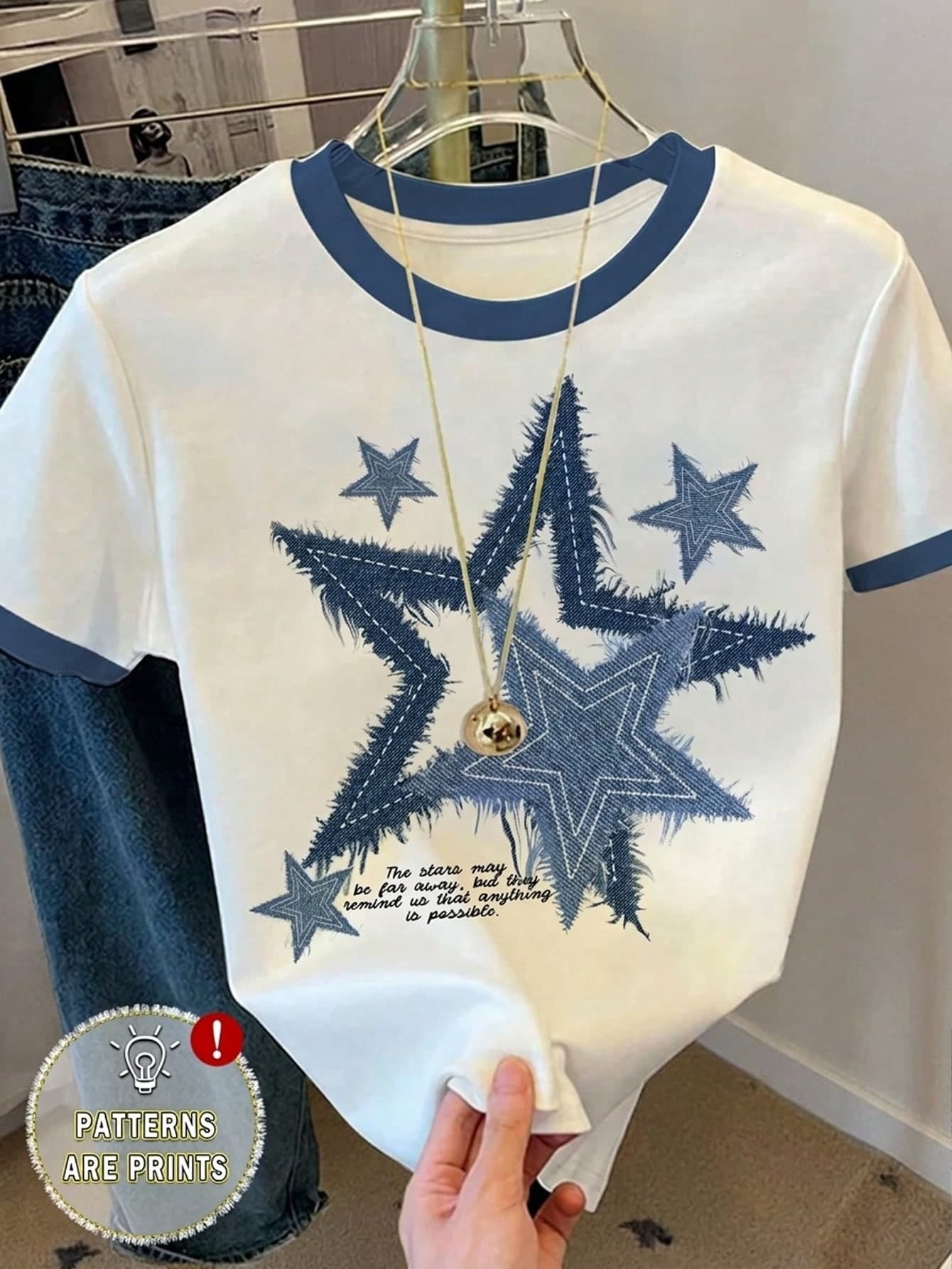 Teen Girl Star Print Loose Casual Contrast Color Block Round Neck T-Shirt,White,Summer,Streetwear,Beach,Everyday Wear,Back To School,Blue Graphic Tee