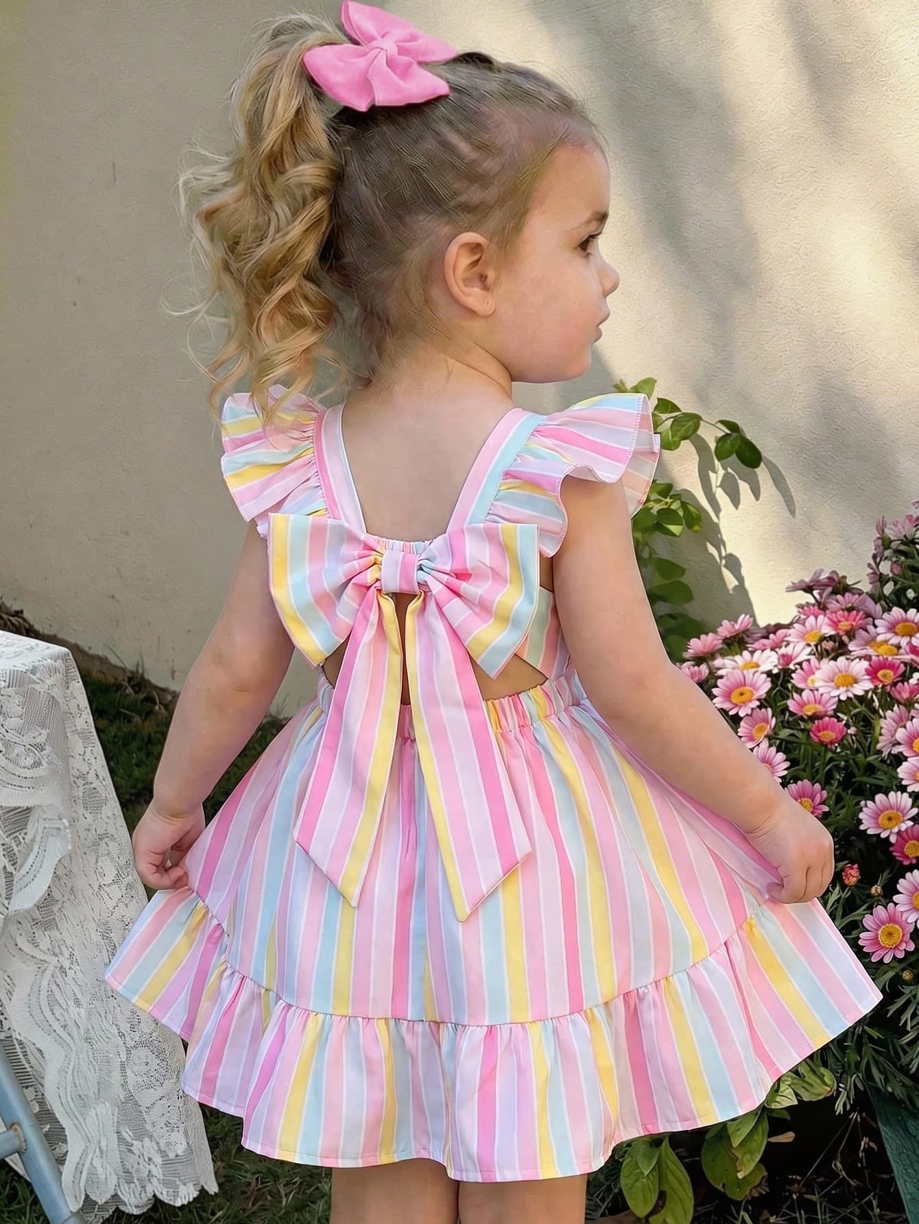 LMoss Kids Baby Girl Cute Summer Bowknot Striped Flutter Sleeve Dress,Chiffon Ditsy Floral Square Collar Ruffle Hem Birthday Vacation, Pink, Summer, Holiday