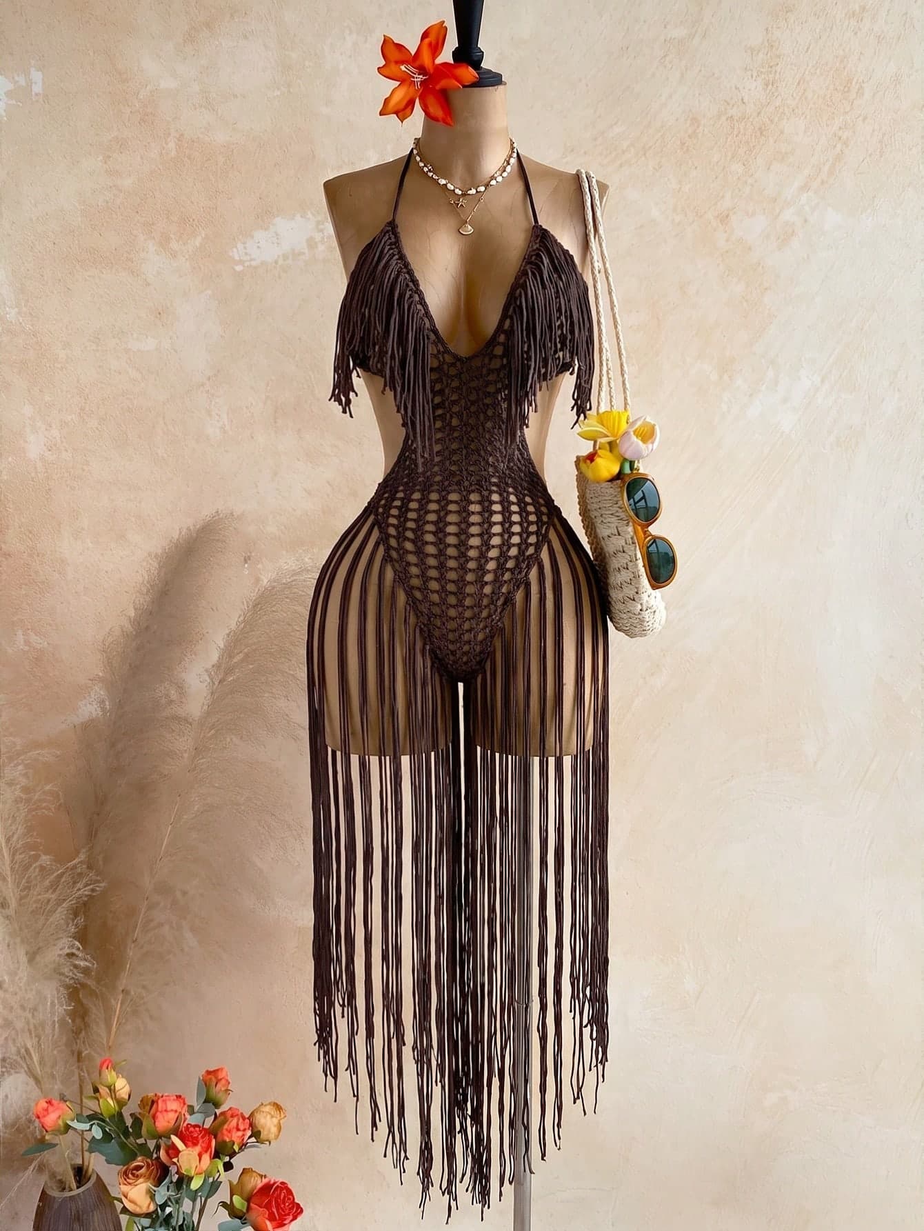 Soleia Women's Solid Color Tassel Design Sexy Tropical Vacation Cover-Up Halter Neck Tie Dress Beach Party Vacation Chocolate Brown Summer