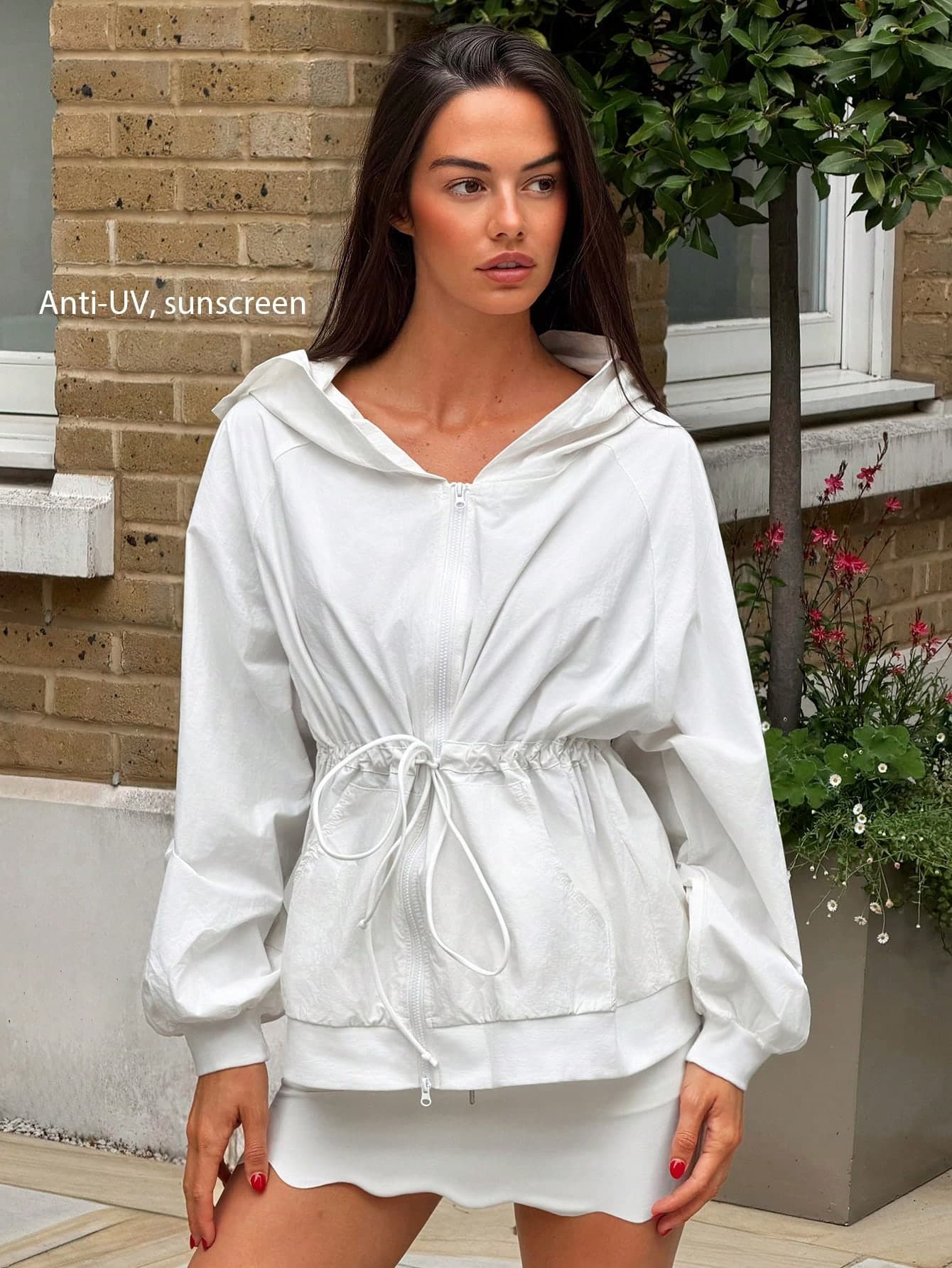 Fluxe Women's White UPF Woven Zip Hoodie Jacket | Drawstring Waist Lightweight Oversized UV Protection Long Sleeve Sun Top For Outdoor Sport