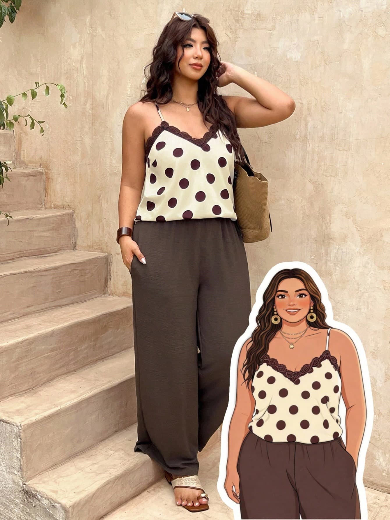Embrisa Plus Size French Vacation Polka Dot Print Lace Patchwork Camisole Casual Polka Dot Vest For Women Casual Summer Vacation Going Out Tank Top For Women