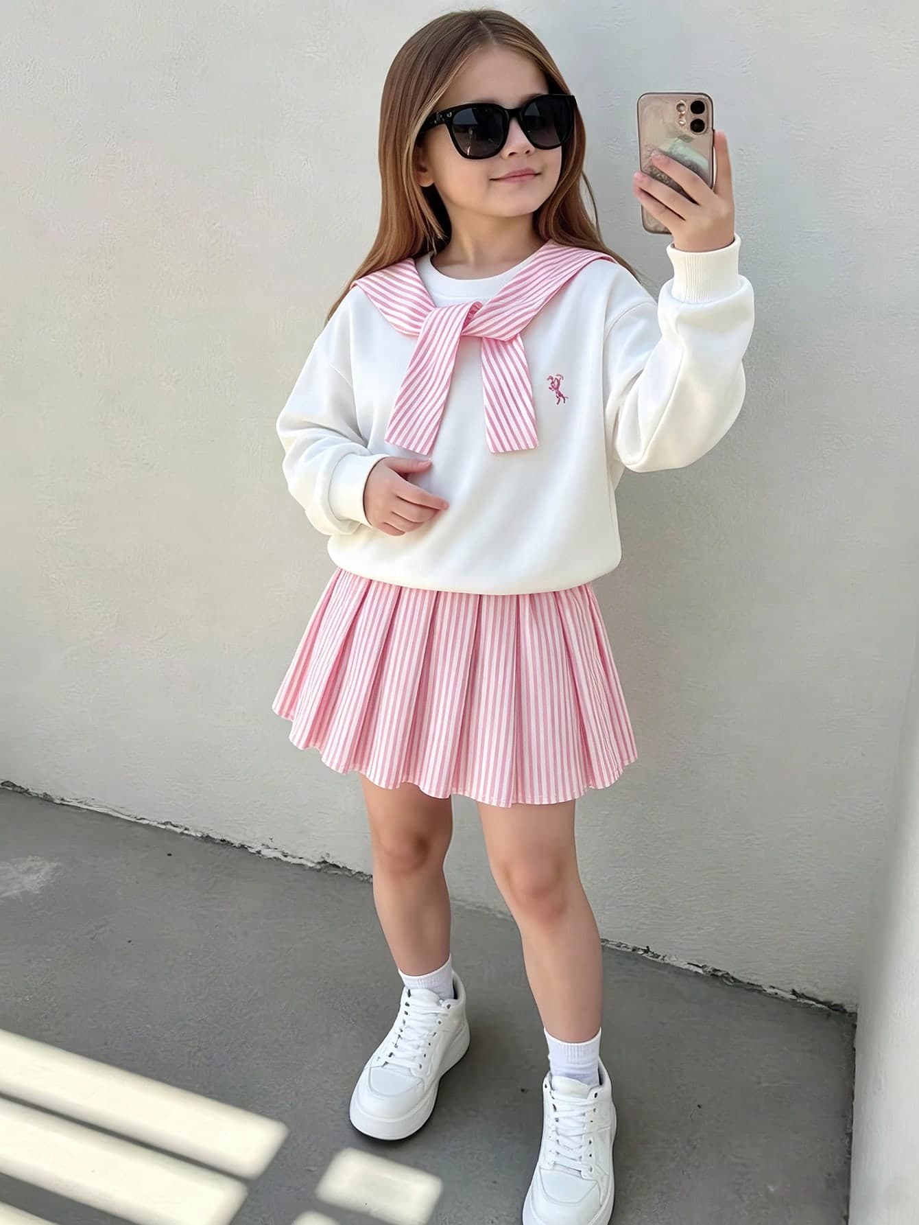 2pcs/Set Girls Long Sleeve Skirt Set, White Knitted Embroidered Classic Fit Round Neck Long Sleeve Top With Pink & White Striped Pleated Skirt, Sweet Cute Casual Sporty Preppy Style, Suitable For Outdoor Play, Casual Lazy Sweet Minimalist Versatile Daily Comfortable Wear