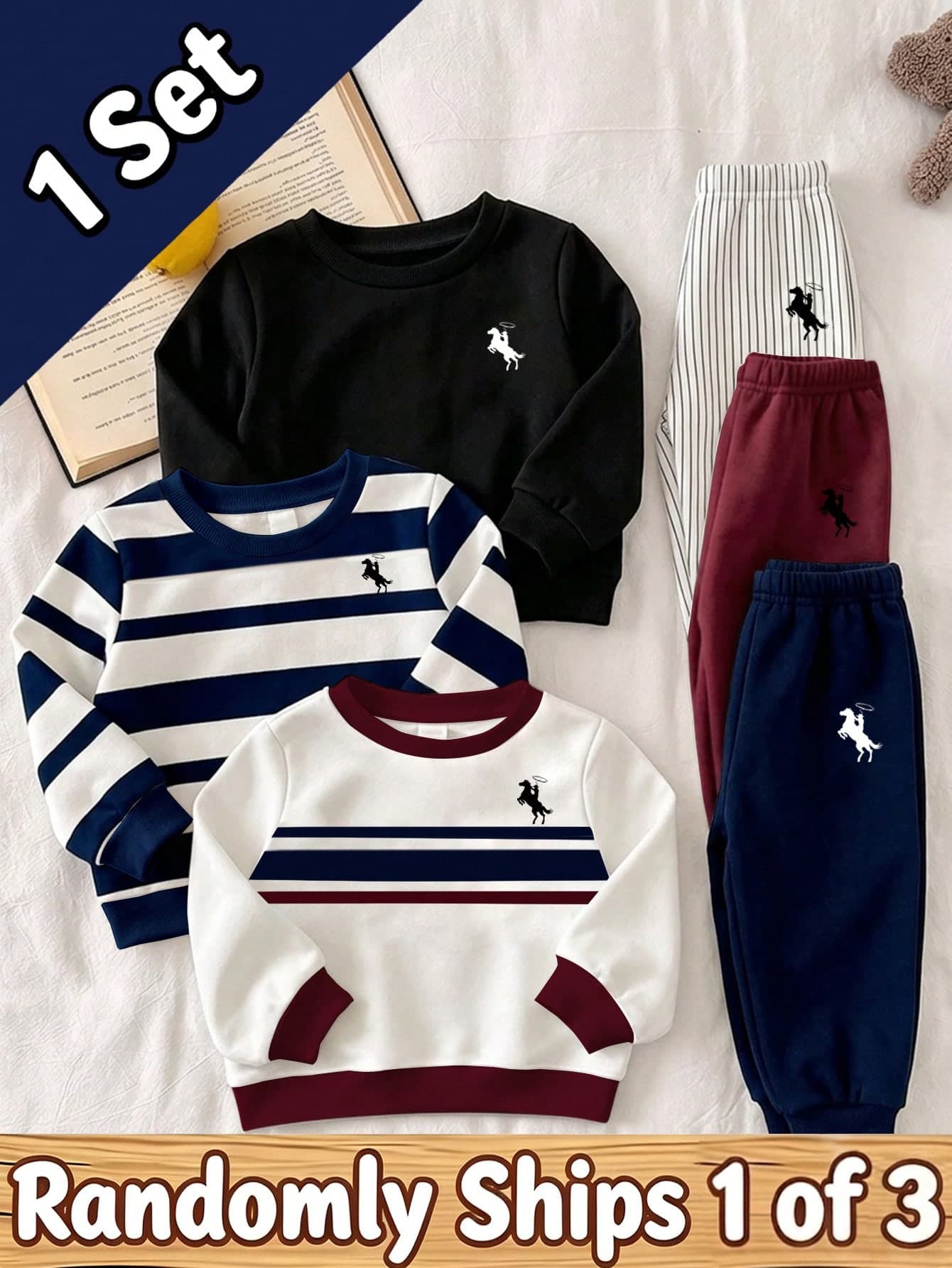 1 Random Item 3 Baby Boy Crew Neck Sweatshirt Set,  Navy White Wide Stripe, And Solid Black, Suitable For Outings, Shopping, Daily Wear,  Winter
