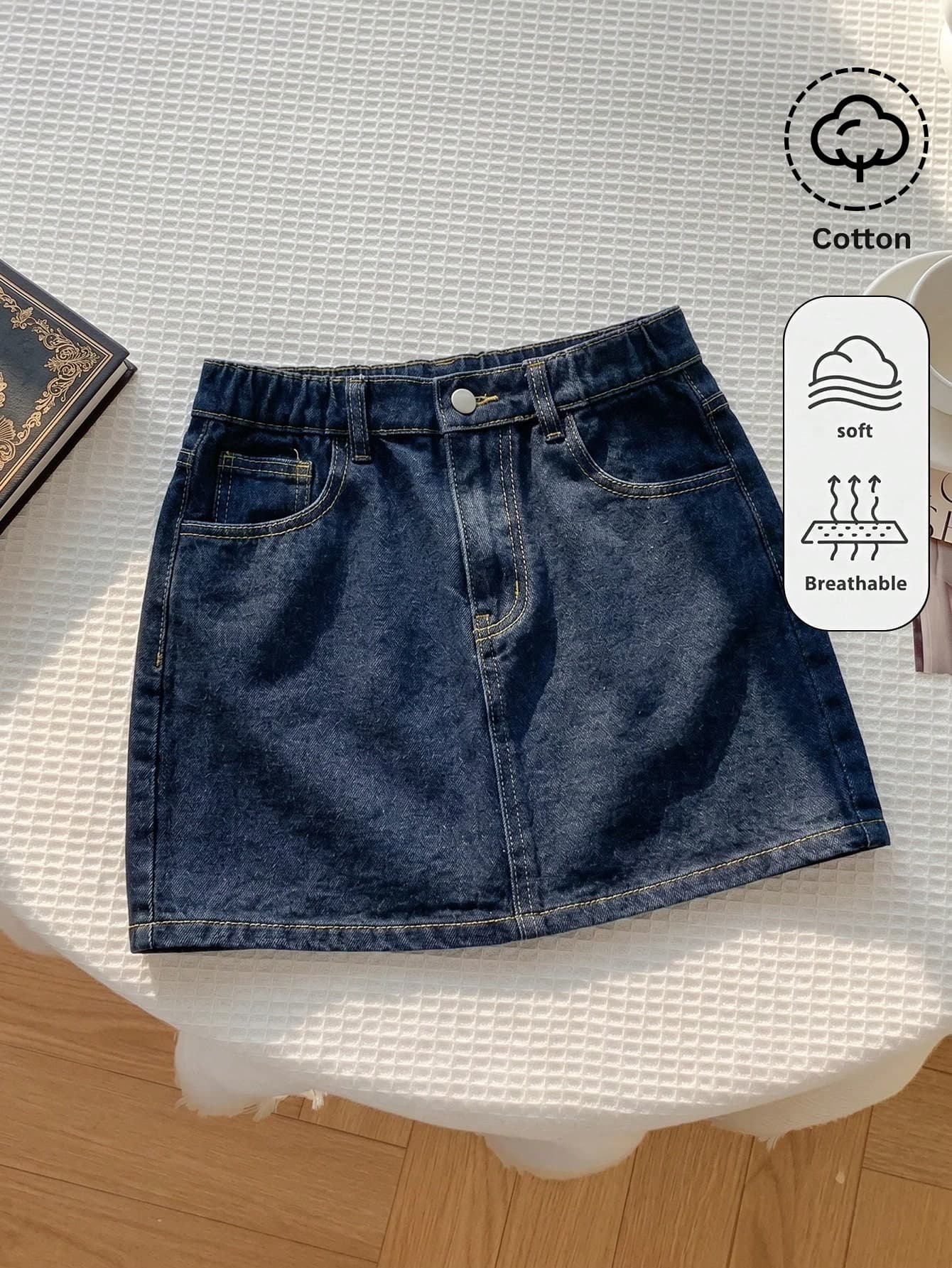 SHEIN Tween Girl Tween Girl Deep Blue Denim Mini Skirt With Pockets Fall Winter Halloween Y2k Graduation Back To School