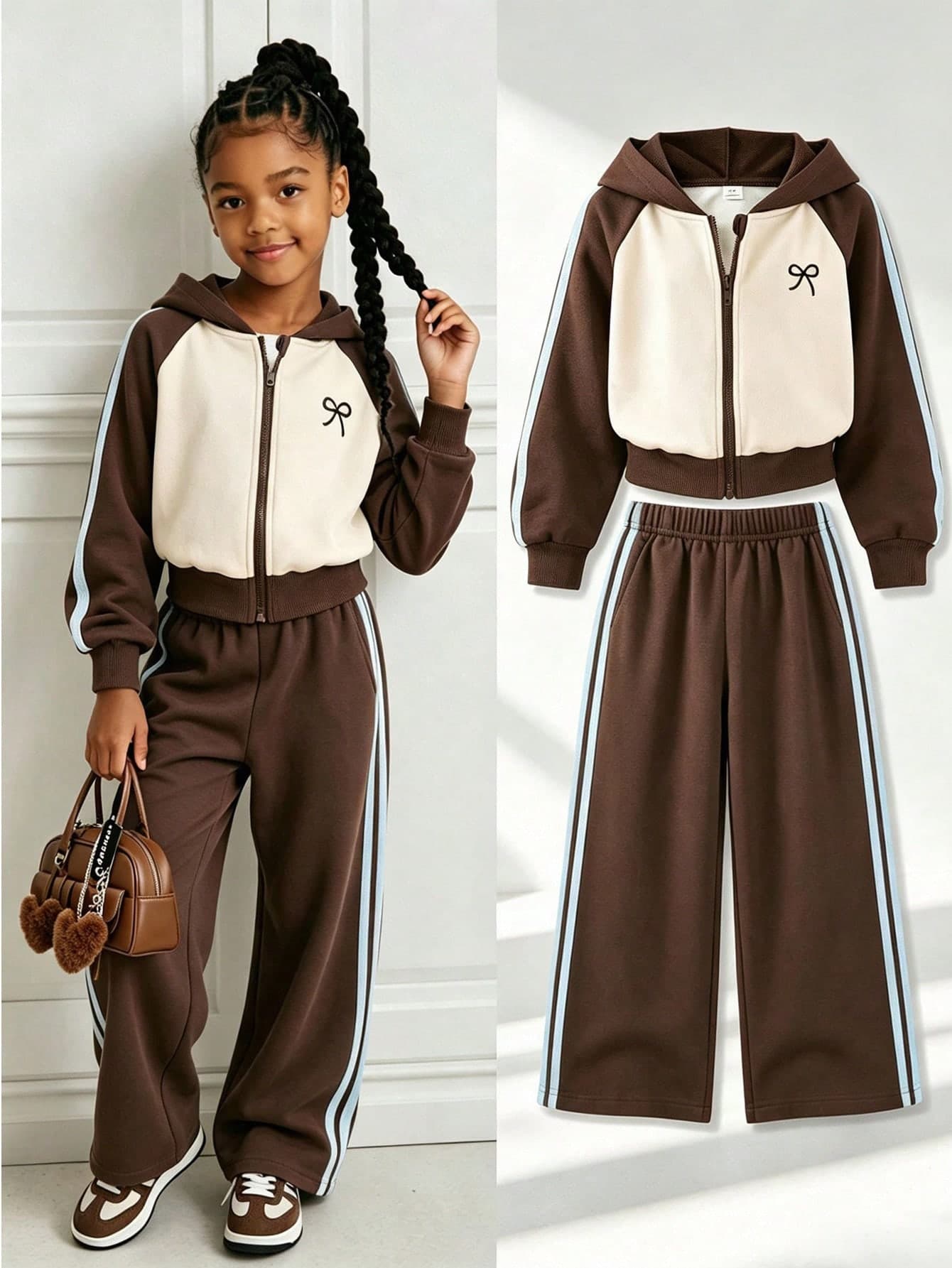 SHEIN 2pcs/Set Girls' Colorblock Raglan Hooded Zip-Up Jacket And Wide Leg Sweatpants, Vintage Beige Brown, Front Small Bow Foil Print Graphic, Summer School