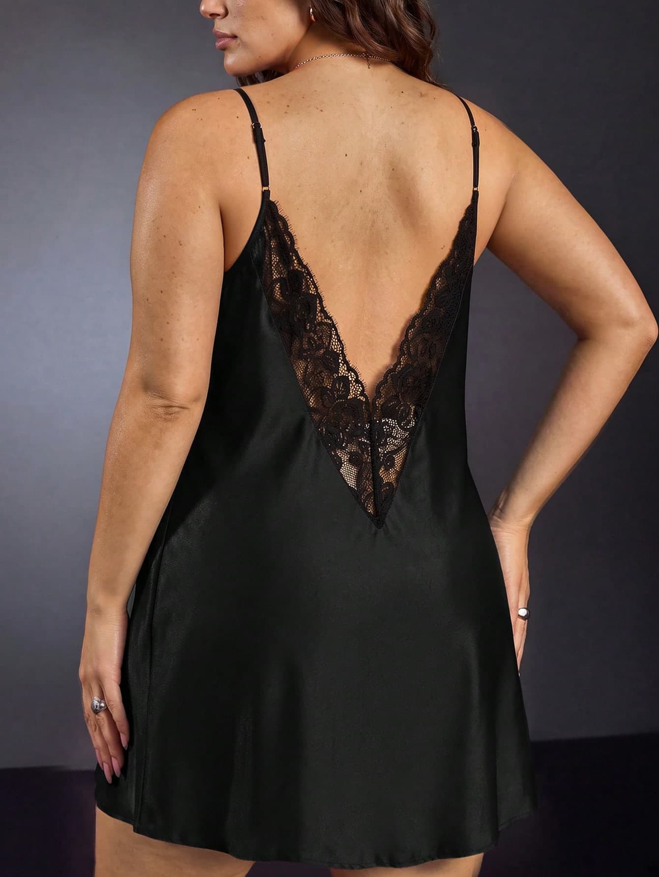 EmpressEnvy Plus Size Women Deep V-Neck Backless Lace Slip Dress, Sexy & Figure-Flattering