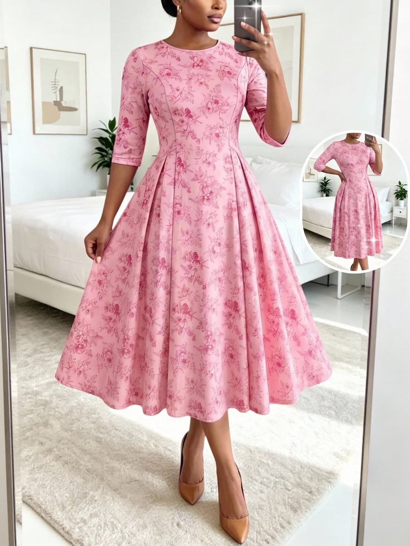 SHEIN Lady CURVE Plus Size Elegant Floral Print Waist-Cinching Dress