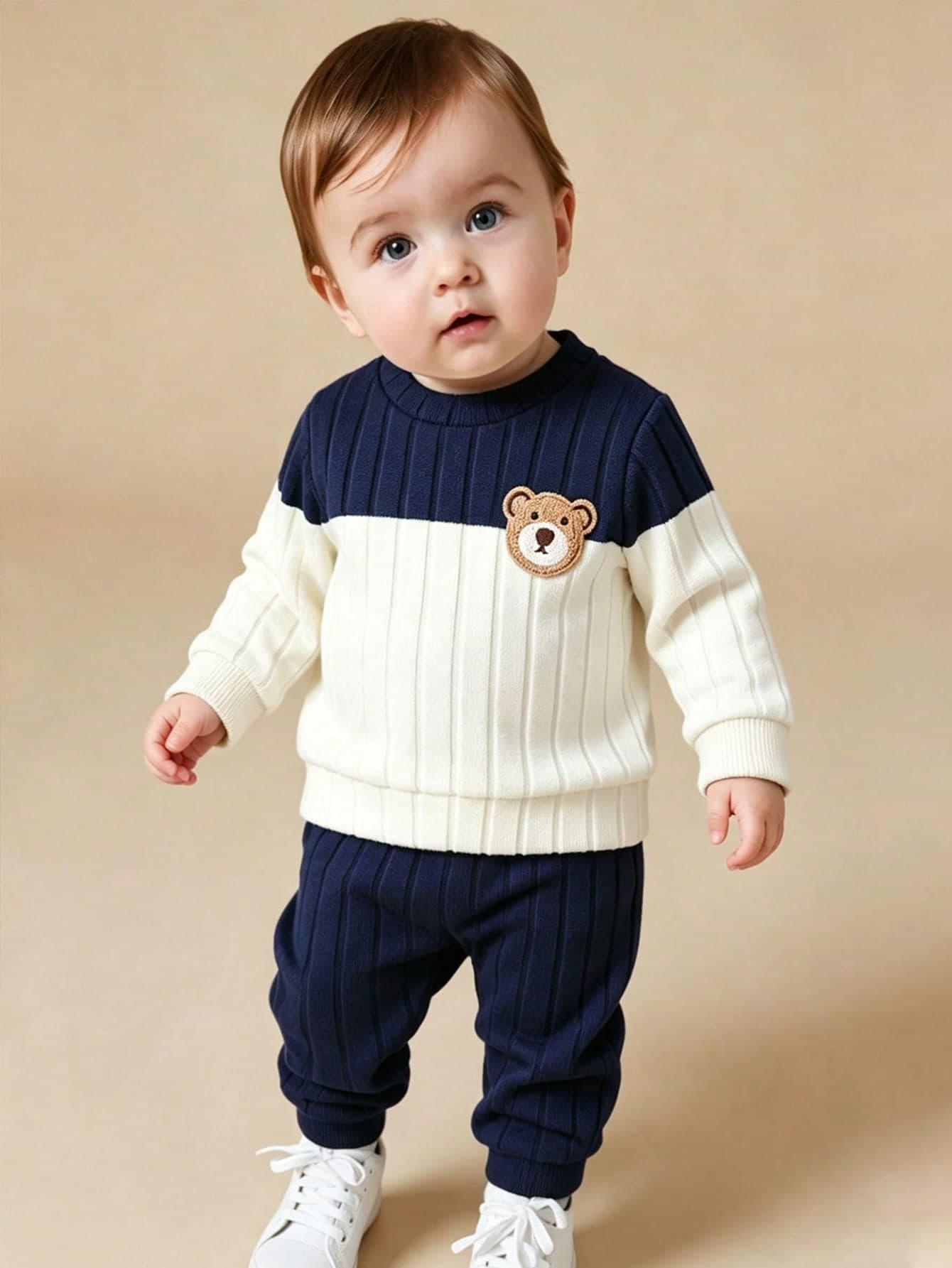 SHEIN Playful Pals Soft Brushed Fabric Bear Embroidery Pattern Colorblock Baby Boy Casual Outfit