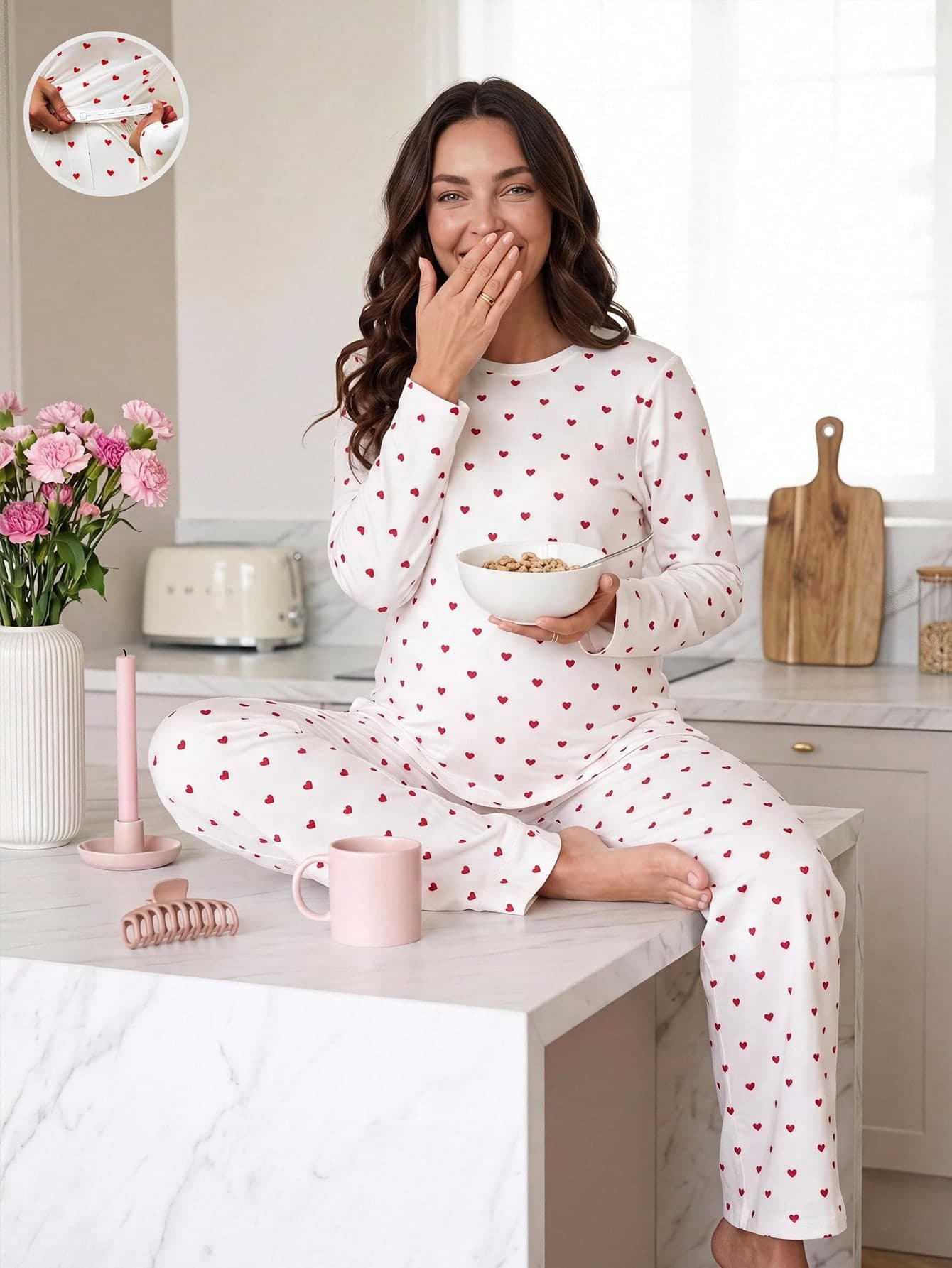 Slowluna Maternity Heart Print Side Slit Hem Long Sleeve Top And Adjustable Waist Long Pants Casual 2 Pieces Set Fall