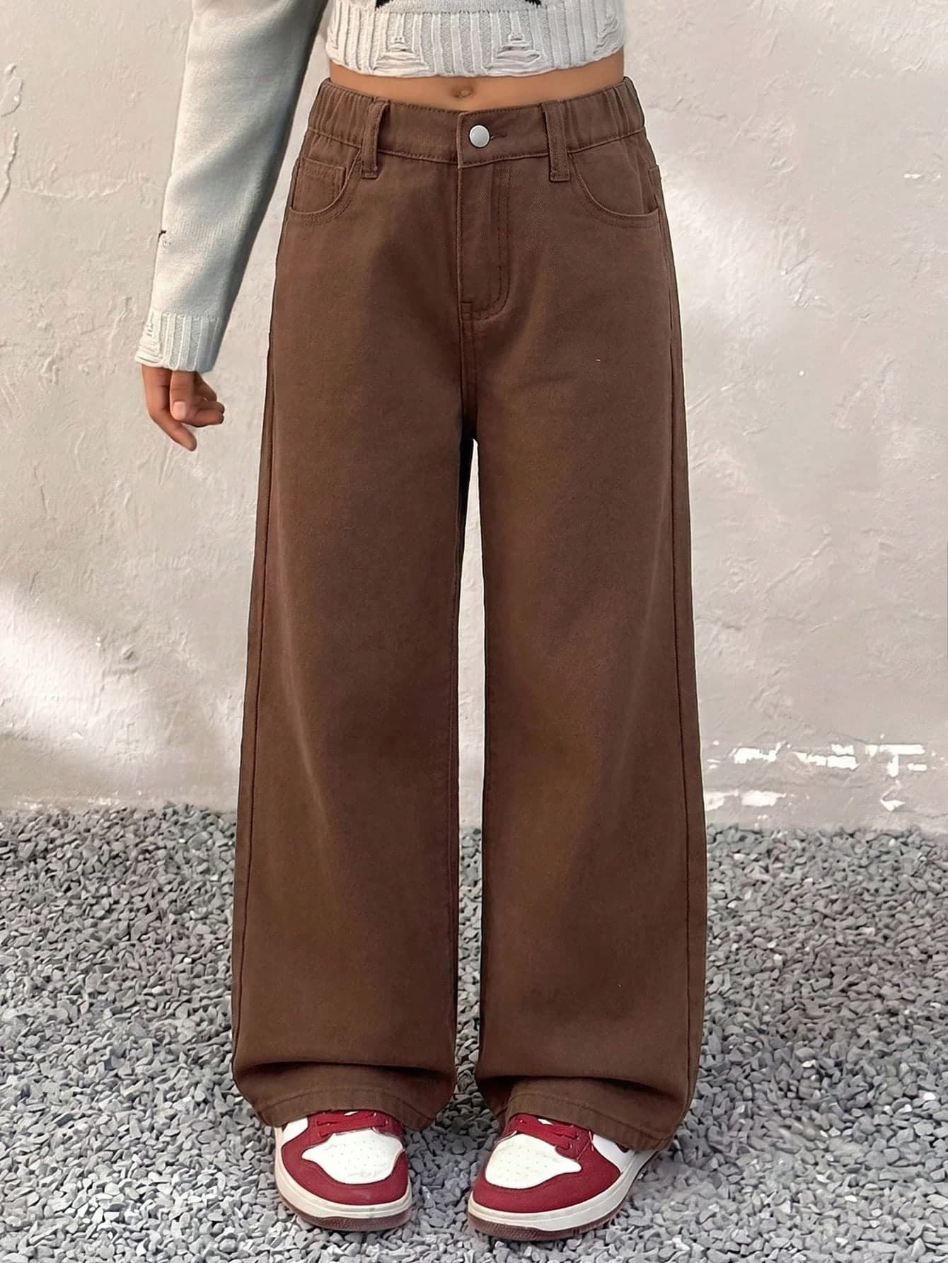 SHEIN Tween Girl Tween Girl Brown Loose Wide Leg Casual Denim Pants With Pockets Fall Winter Halloween Y2k Graduation Back To School