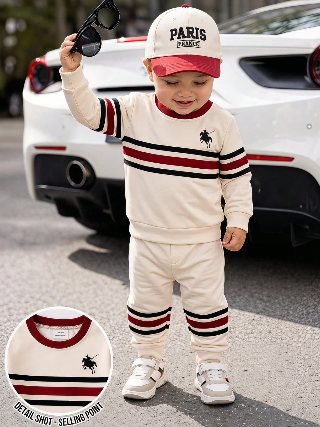 SHEIN 2pcs/Set Baby Sweatshirt Outfit, Casual Daily Wear With Horse Rider Graphic On Chest, Black Red Striped Apricot Crew Neck Pullover Sweatshirt Top And Matching Elastic Waist Cuffed Long Pants, Baby Boy Sweatshirt Set, Long Sleeve Long Pants Outfit, Baby Clothing, Suitable For 6M-3T