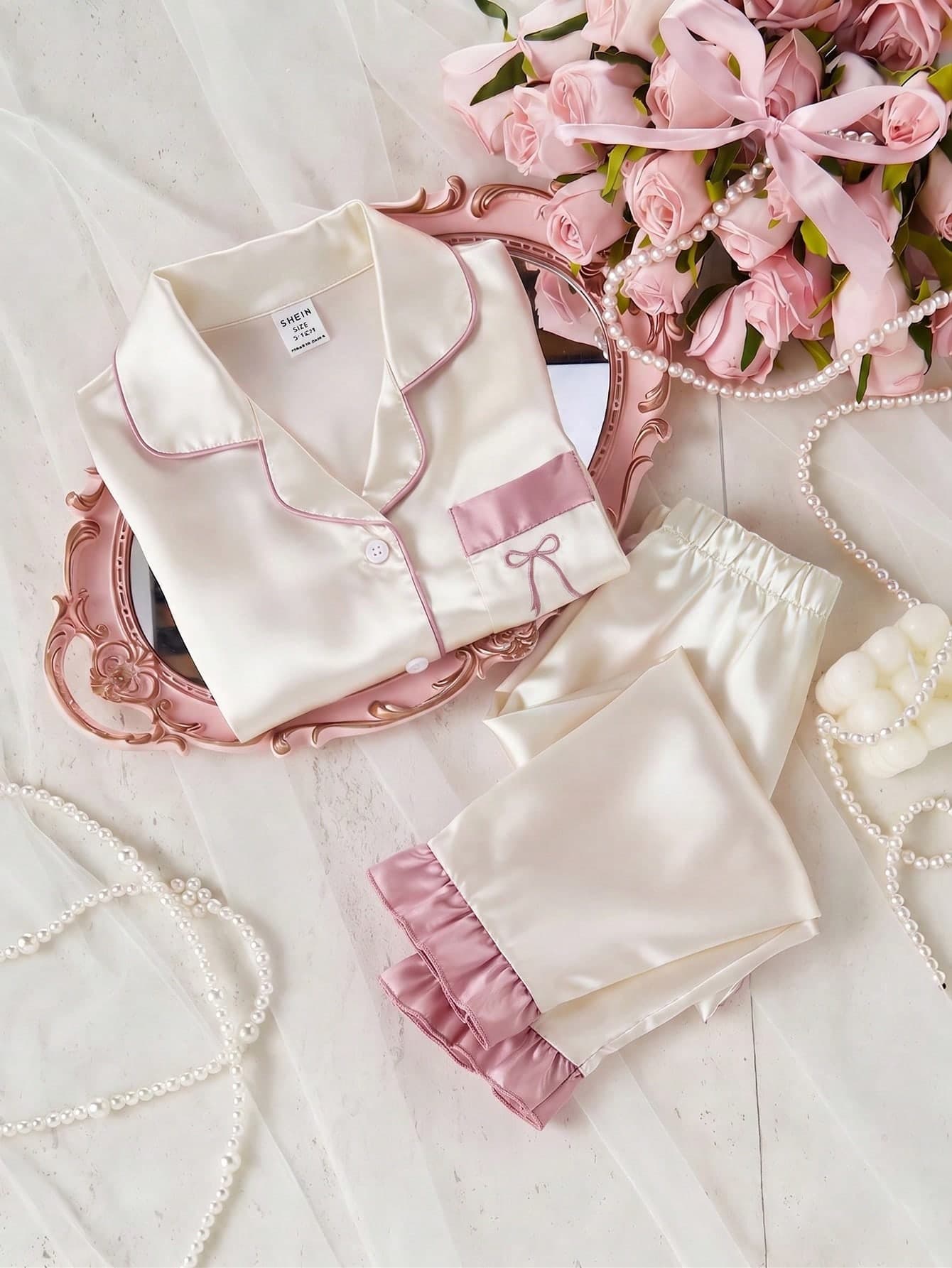 Girls' Solid Color Satin Ruffle Sleeve Long Sleeve Top And Pants With Pockets Embroidery 2-Piece Set, Spring/Autumn