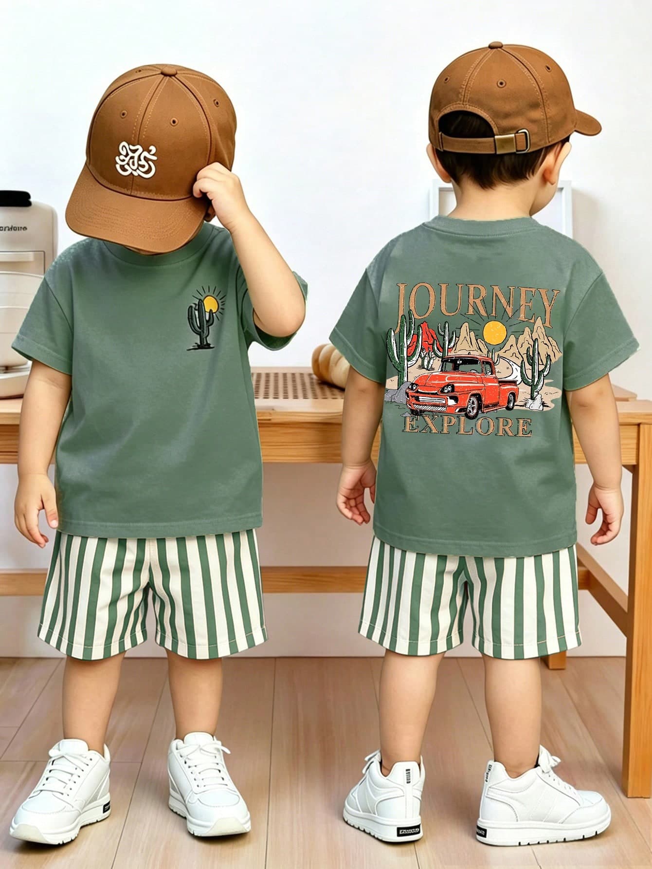 SHEIN Playful Pals 2pcs/Set Boys Casual Fashion Comfortable Slogan & Car Print Crew Neck Drop Shoulder Top And Striped Print Shorts, Suitable For Spring/Summer, Outdoor Play, Daily Versatile, Summer Boys 2-Piece Set