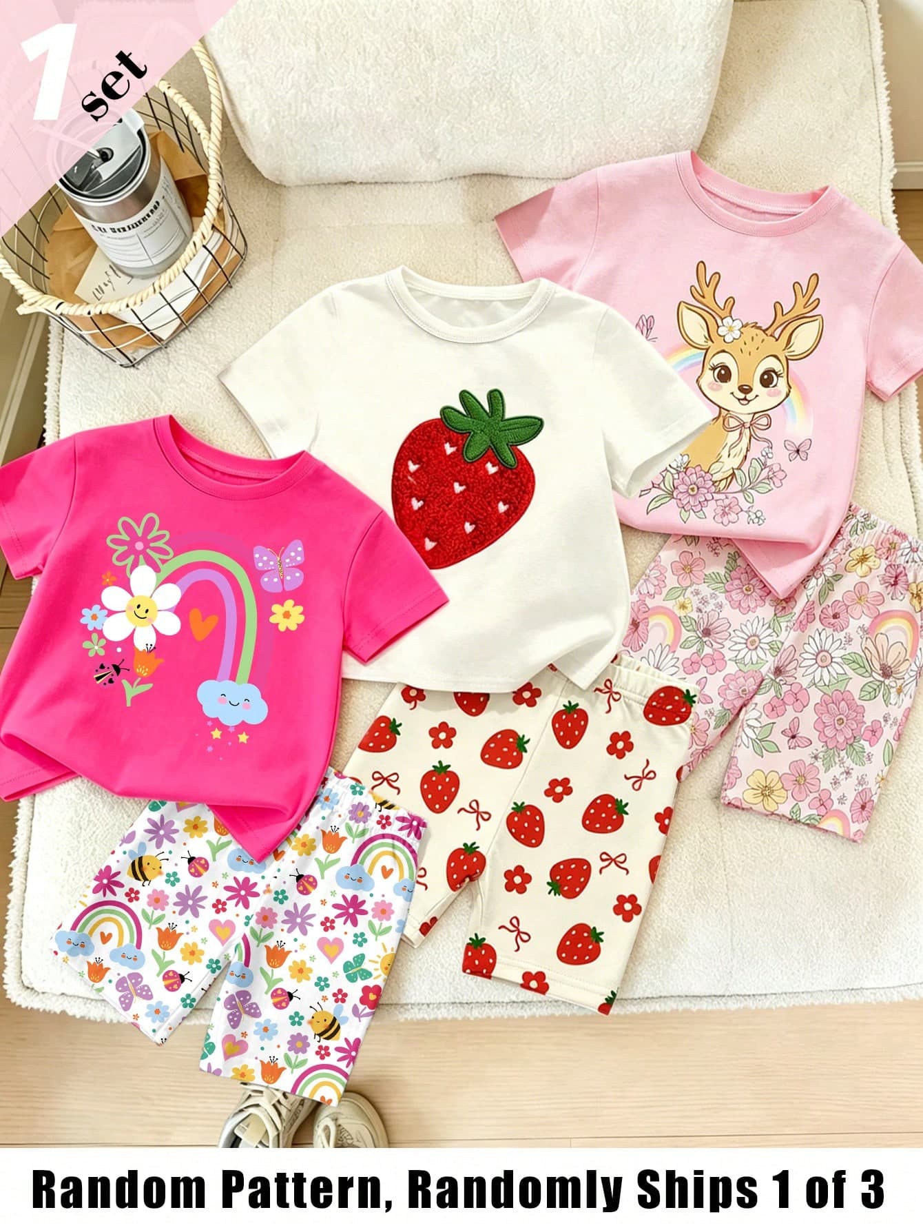 (Random 3 Sets,Send 1 Set)All Season Wear Baby Girl Rainbow Colorful Flower Butterfly Deer Strawberry Print Basic Short T-Shirt + Biker Shorts Set Pink White Fuchsia Sweet Cute