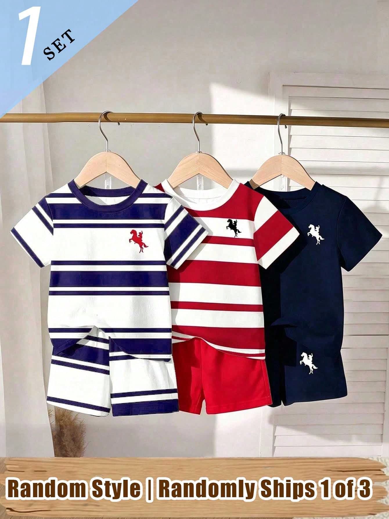 Souflis Souflis (Random 3 Sets,Send 1 Set)Baby Boy Cute Minimalist Pony Blue & White Striped Teddy Bear Print Basic Short T-Shirt & Shorts Set, Classic Striped Daily Outfit
