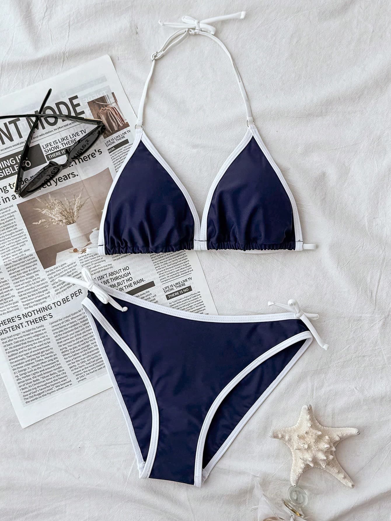 SHEIN Summer Teen Girl Navy Blue & White Contrast Spaghetti Strap Bikini Set,Minimalist Two Pieces Bathing Suits,Beach Holiday Outfit Swimwear