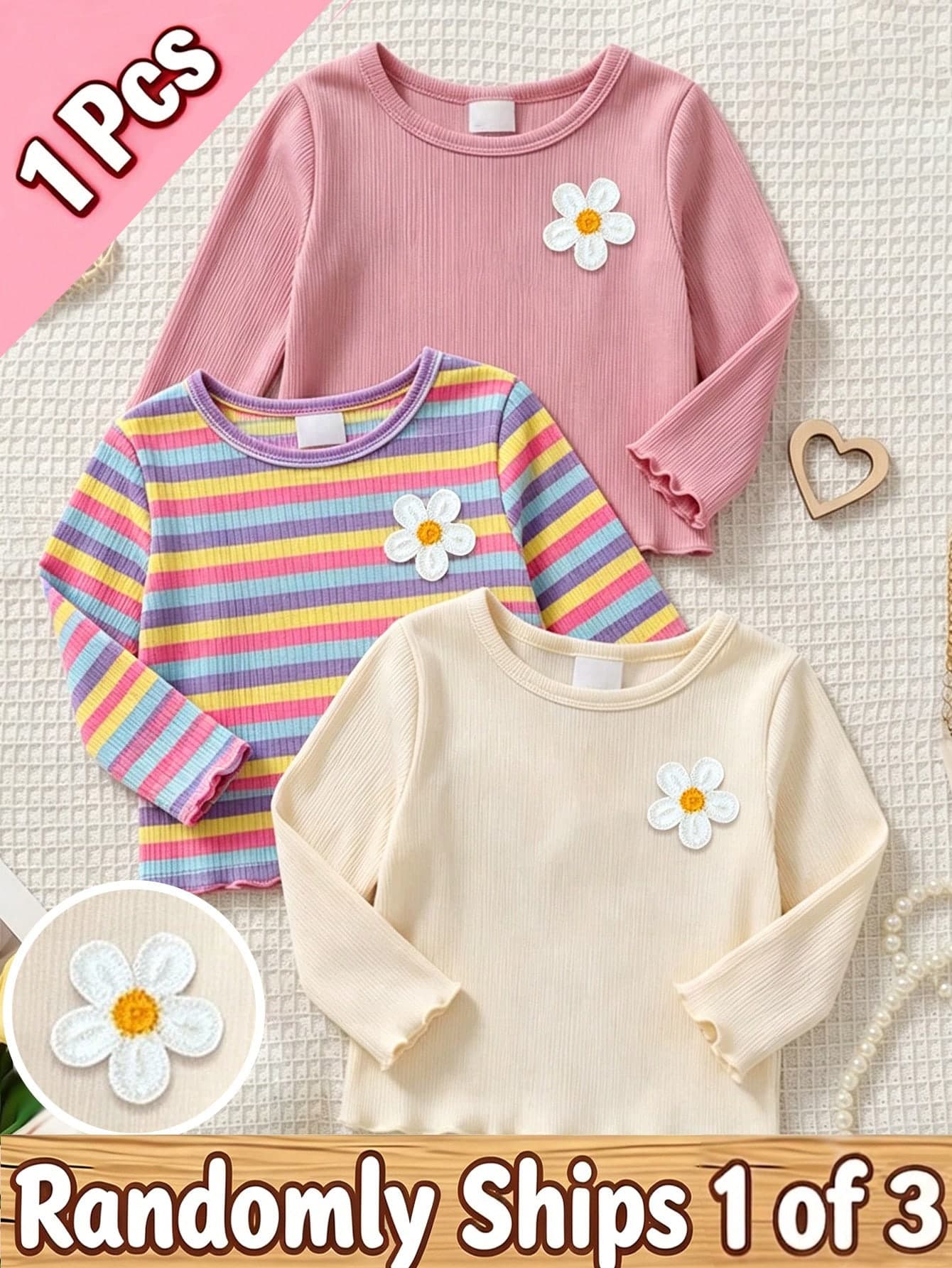 SHEIN 1 Random Item From3 Girls Long Sleeve Top, Decorated With Daisy And Ruffle Cuff & Hem, Rainbow Stripe,  Suitable For Outings, Daily Wear,  Winter