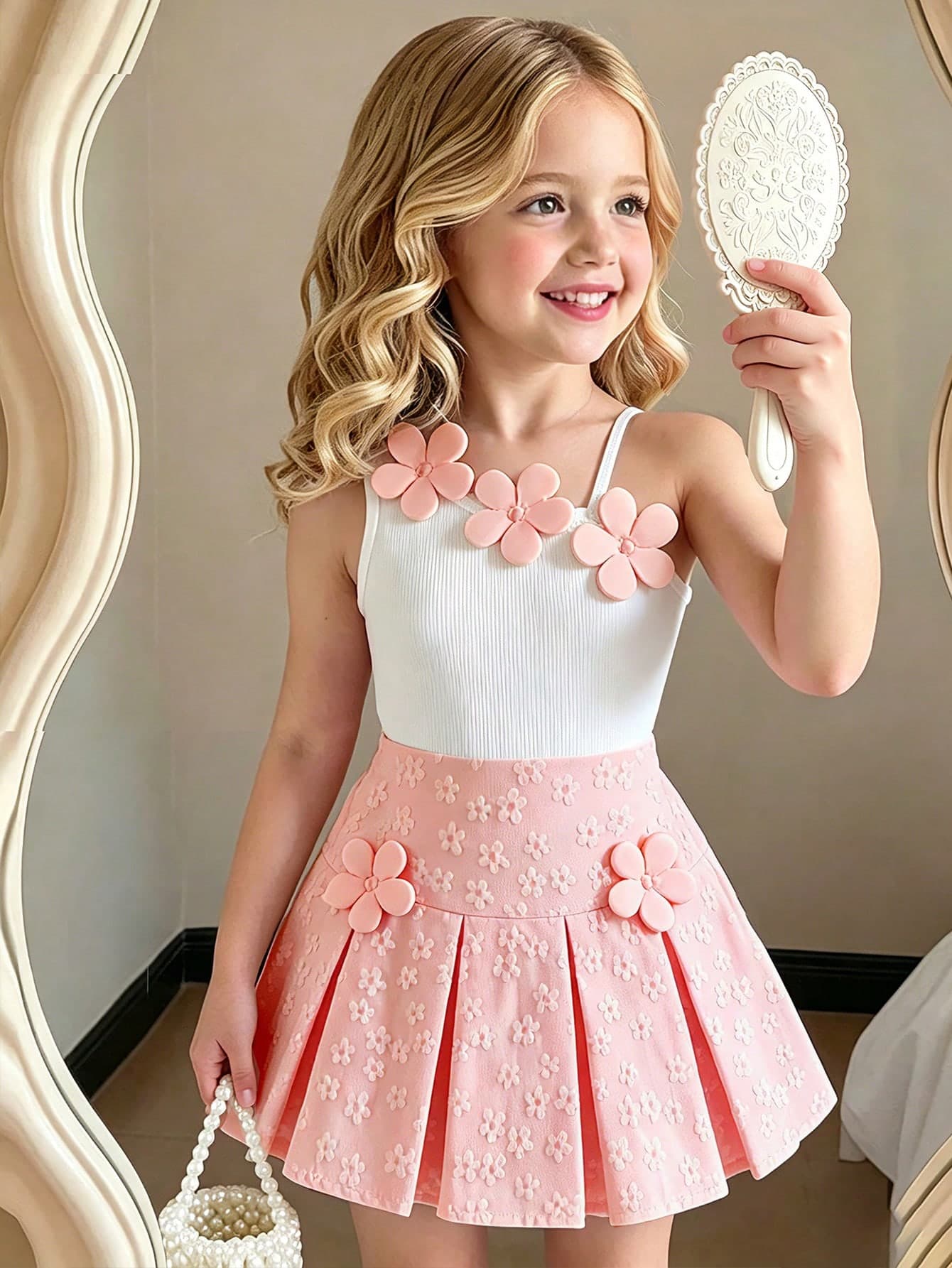 Elladie kids Spring/Summer Young Girls Yellow & White Colorblock 3D Flower Decor Asymmetrical Shoulder Sleeveless Top With White Pleated Short Skirt, Sweet & Cute, Suitable For Daily Wear, Outdoor, Play, Travel