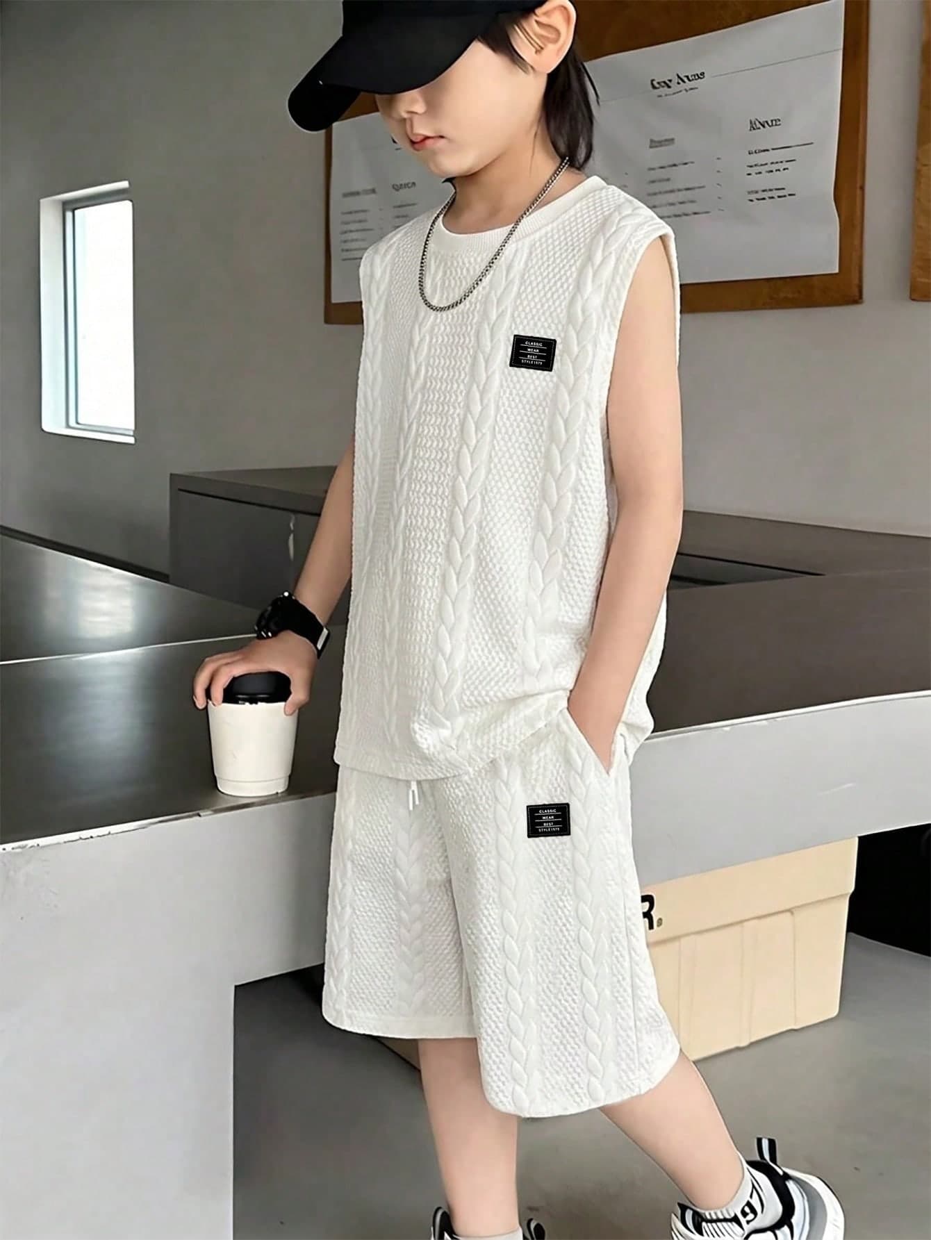 SHEIN Genkimix Kids 2pcs/Set Boys Casual Sports Daily Wear Round Neck Loose Letter Print Short Sleeve T-Shirt And Elastic Waist Shorts, Summer Basketball Outfit For