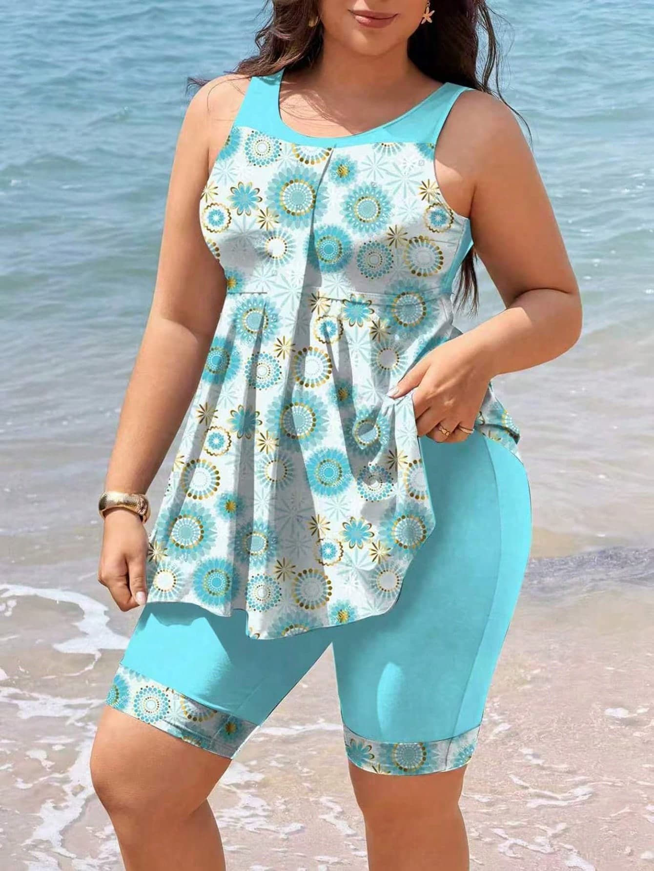 Swim Lushoire 2026 New Plus Size Women's Tankini Swimsuit Two Pieces Set,Light Blue,Summer,Boho,Beach,Holiday Backless Bikini With Skirt,Patchwork Digital Print