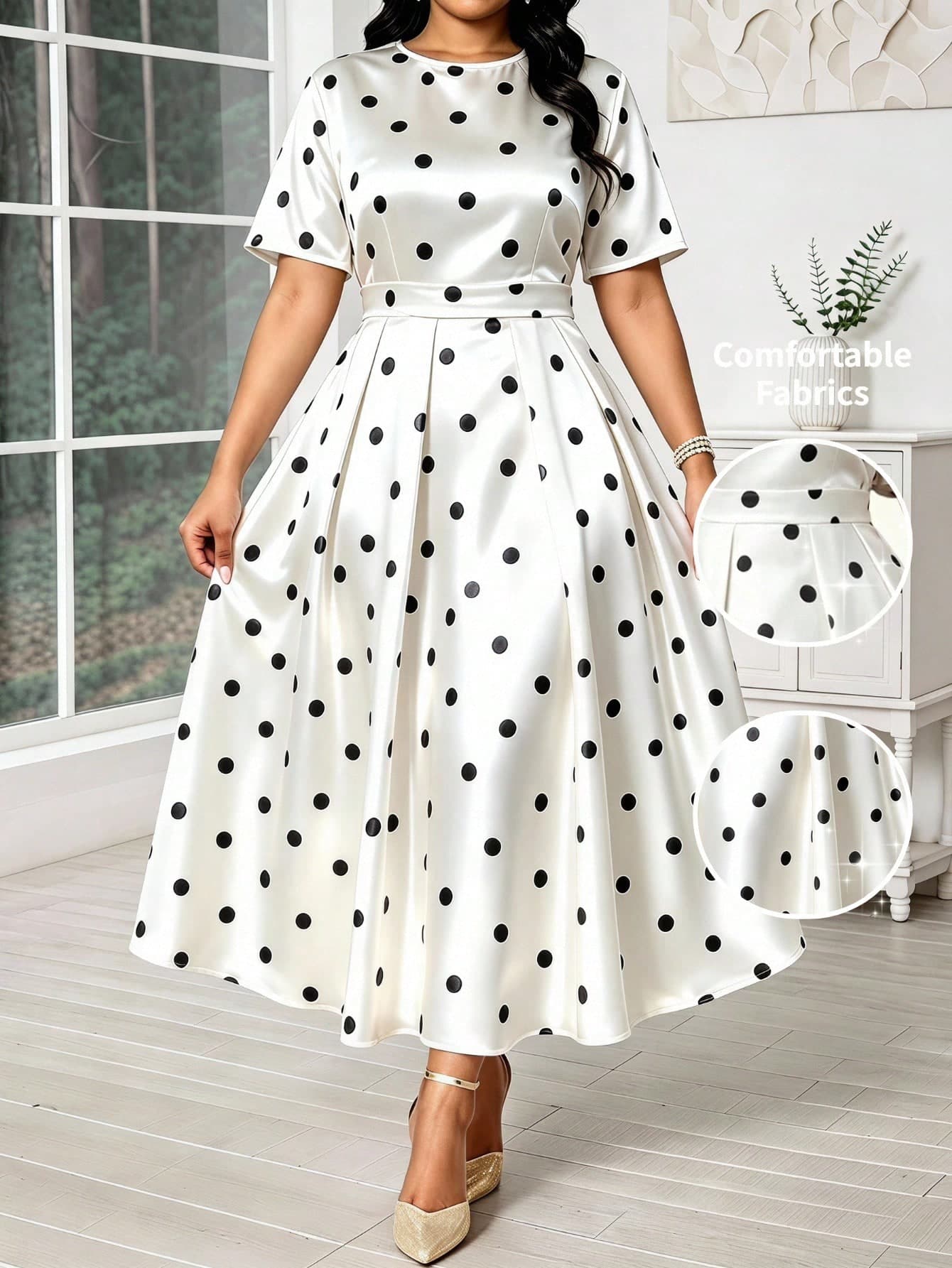 SHEIN Lady CURVE Plus Size Women's Polka Dot Print Round Neck Short Sleeve Elegant Dress