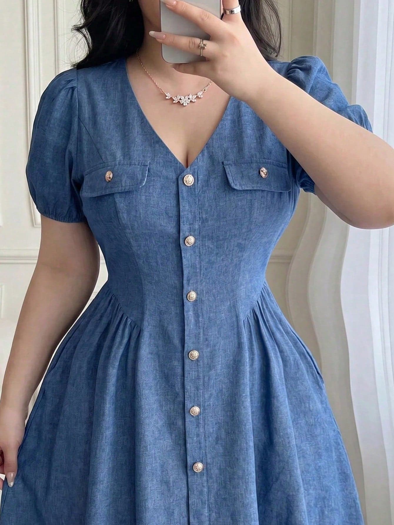 Vibekara Plus Size Summer Short Sleeve Blue Denim Effect Waist Dress For Vacation And Commuting