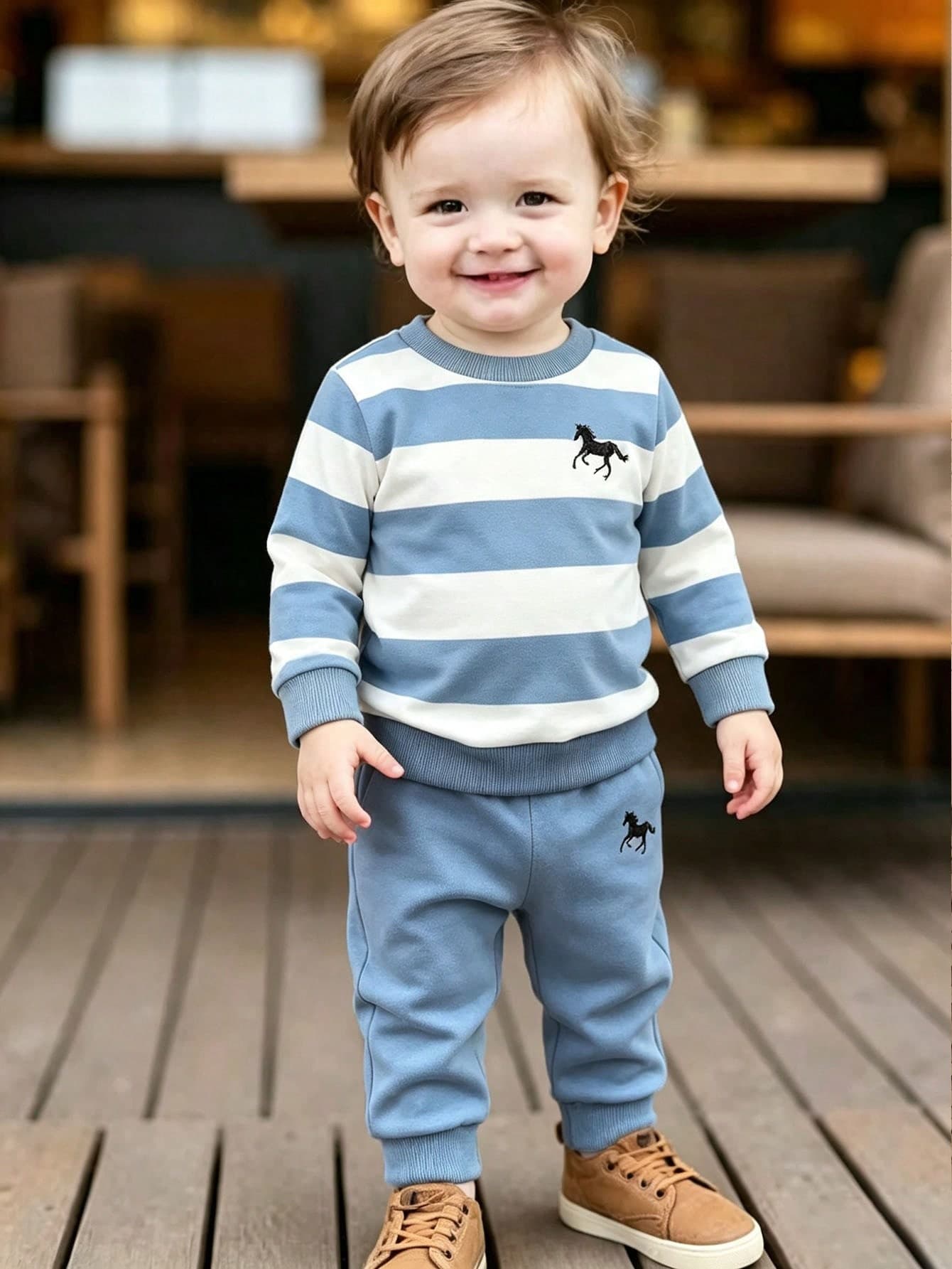 SHEIN Playful Pals Baby Boy Wide Stripe Embroidered Pattern Sweatshirt & Sweatpants Casual Set
