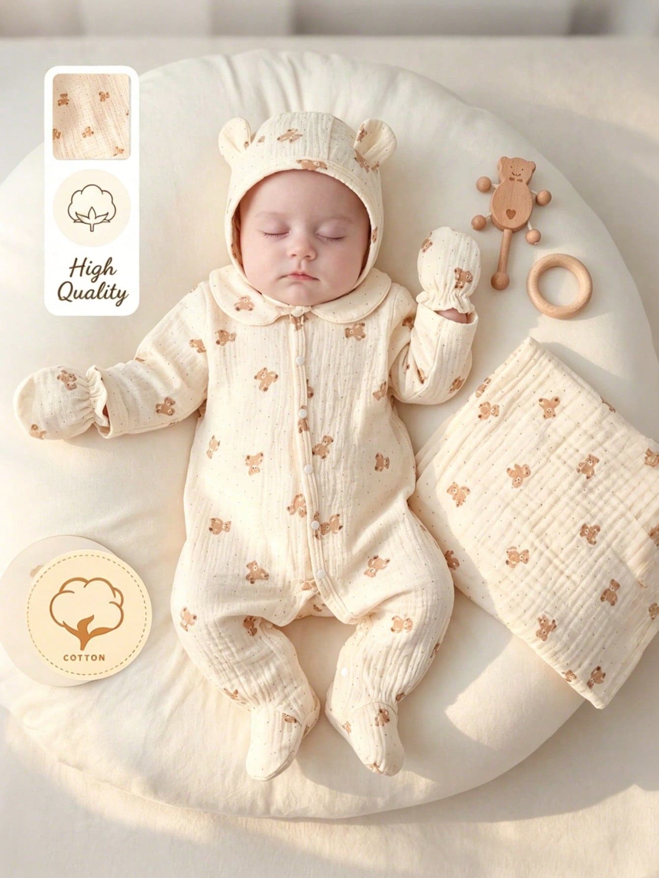 SHEIN Newborn Apricot Base Cotton Gauze Crepe Bear Pattern Long Sleeve Long Jumpsuit Hat Gloves Home Wear Set