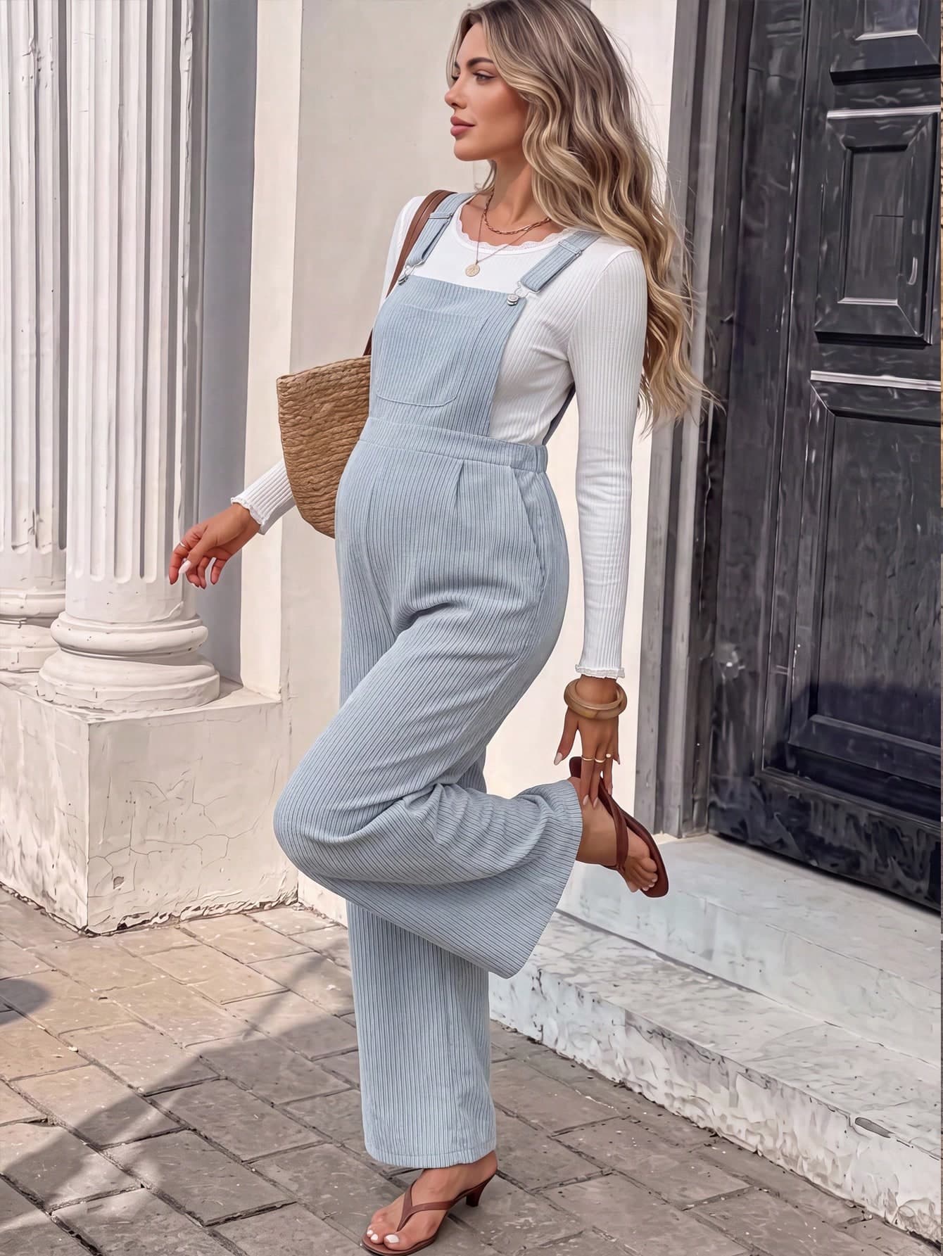 SHEIN Maternity Striped Pocket Design Casual Overalls Fall