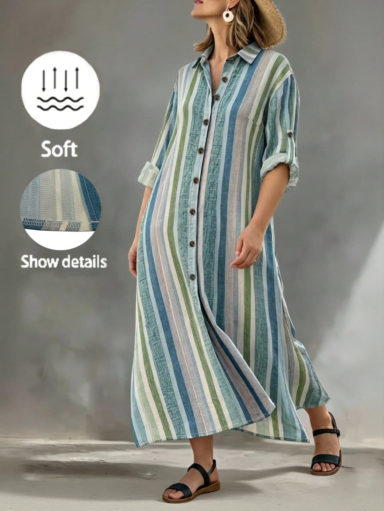 Linhara CURVE Plus Size Women's Autumn Casual Holiday Textured Blue Striped Print Collar Long Sleeve Loose Straight Dress Beach