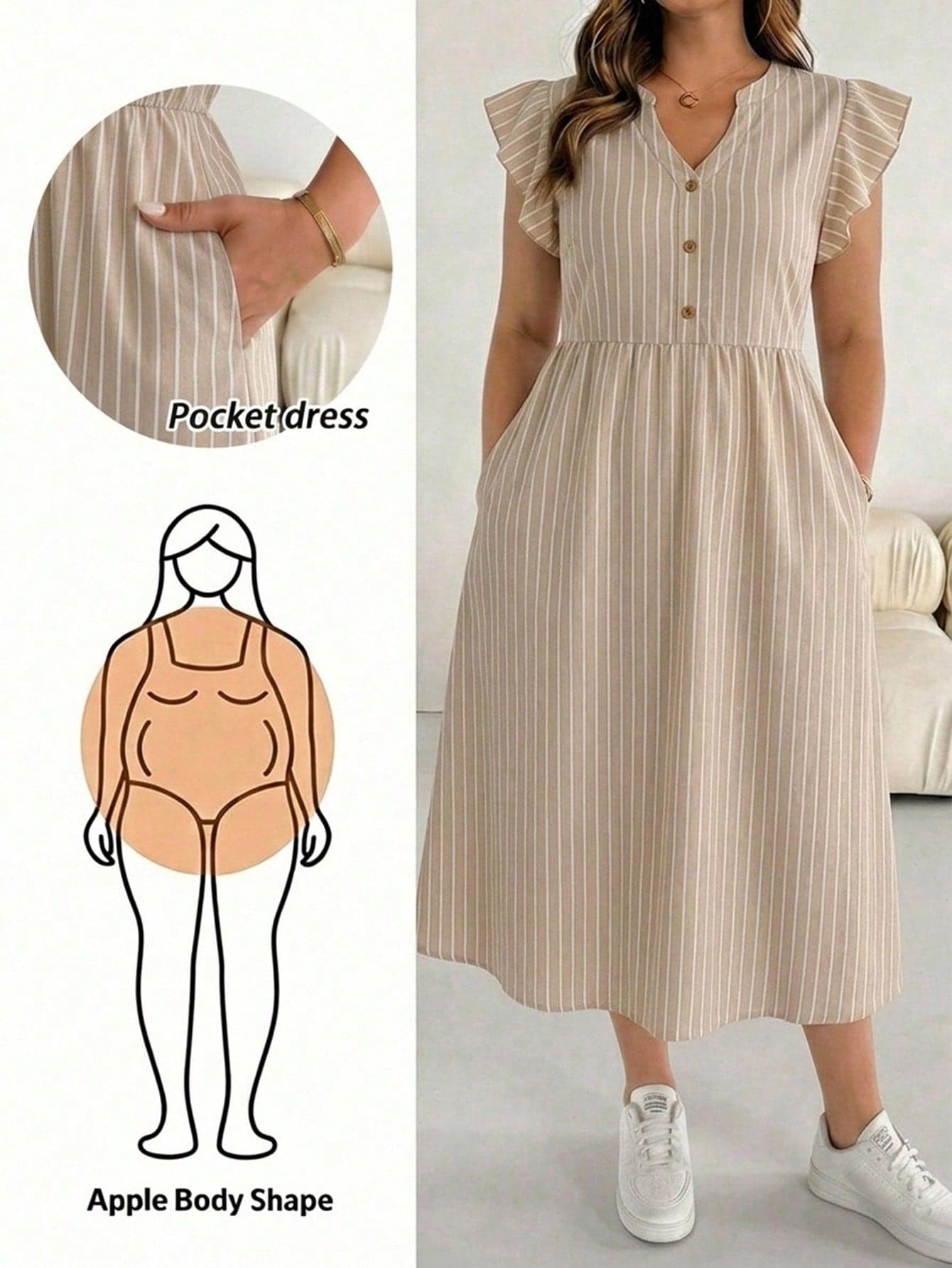 SHEIN Essnce Plus Size Women's Notched V-Neck Short Flutter Sleeve Button Design Pocket Striped Dress