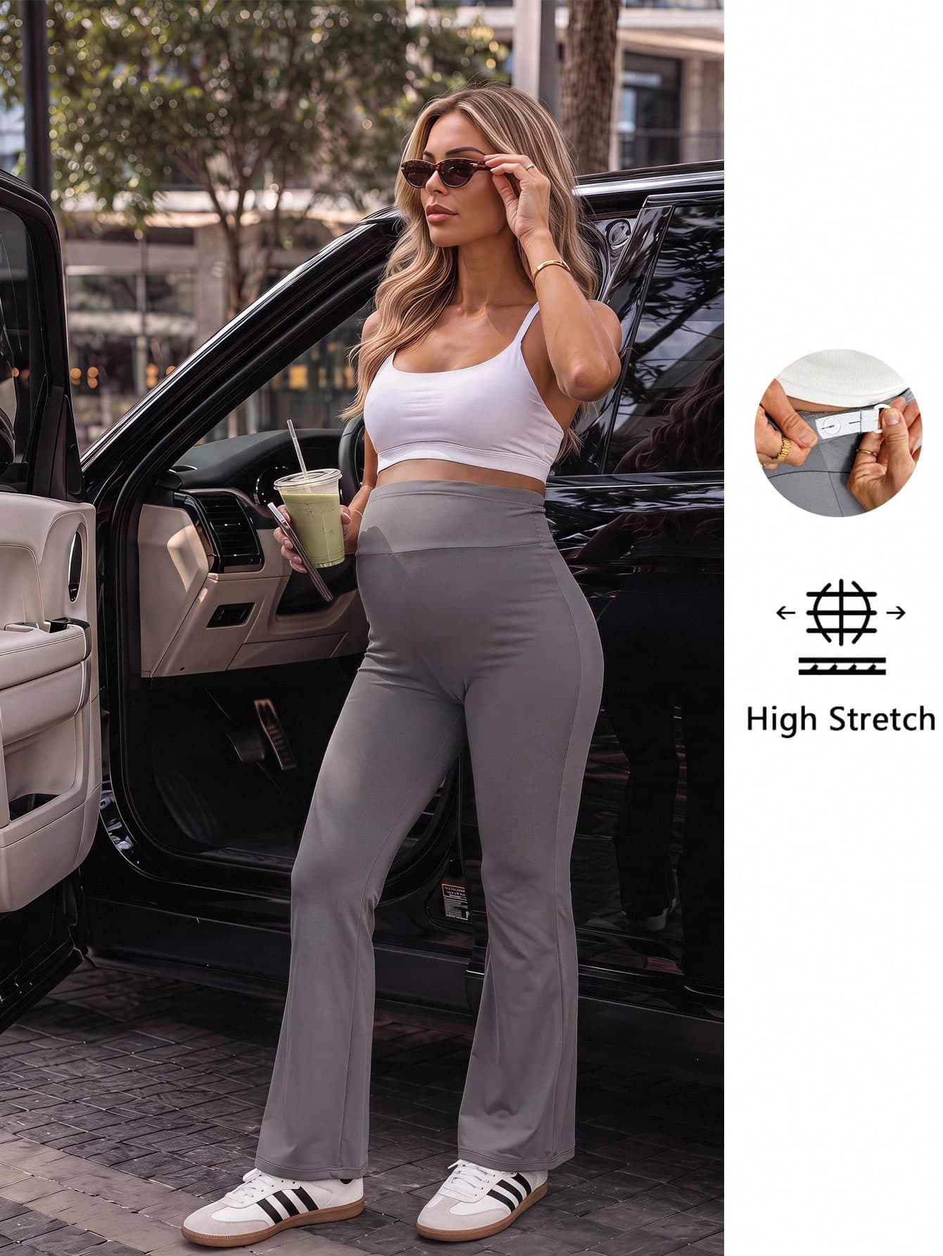 SHEIN Maternity Solid Color Adjustable Waist Casual Flare Leggings