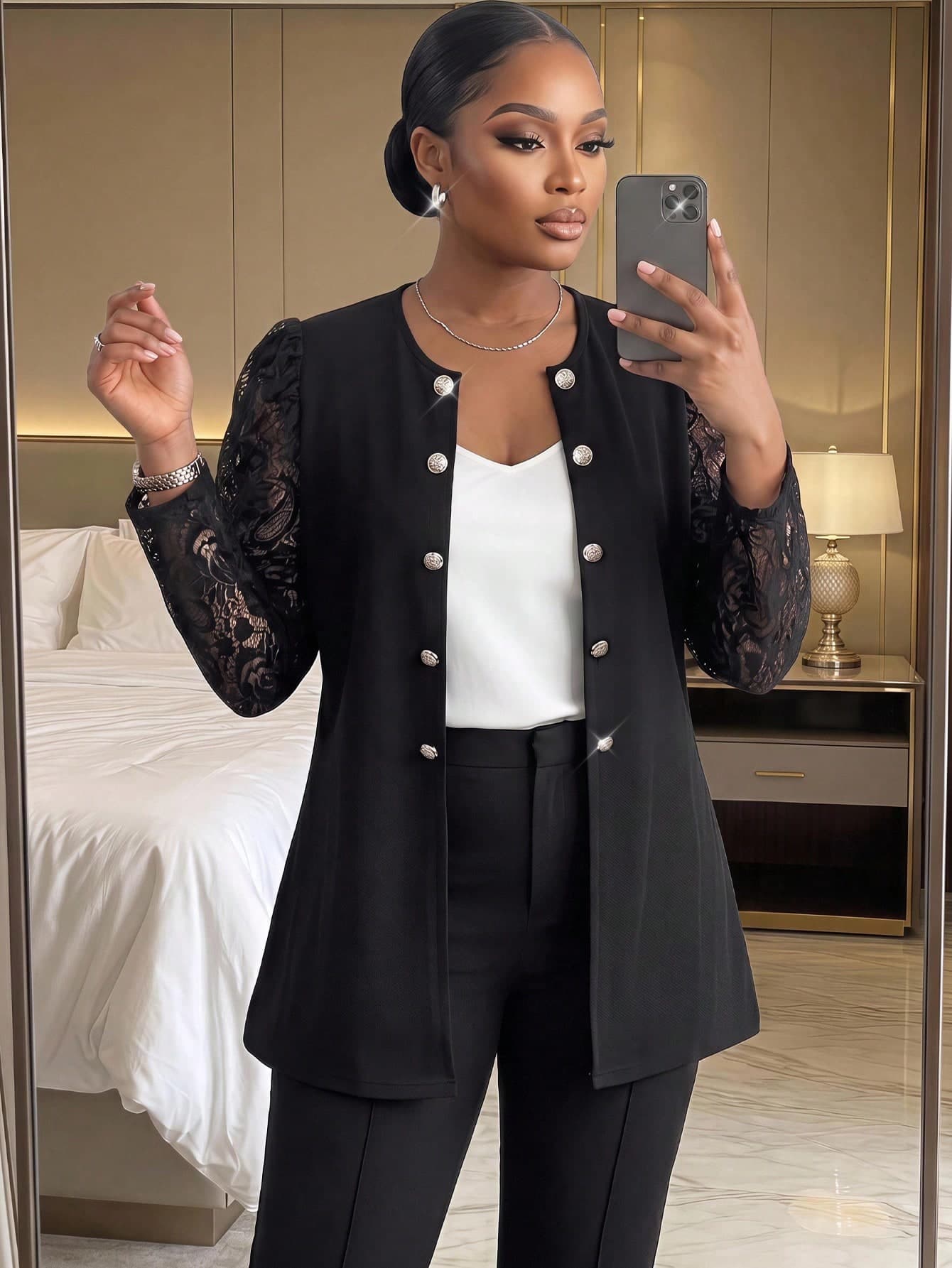 SHEIN Lady CURVE Plus Size Women's Contrast Lace Petal Sleeve Elegant Jacket