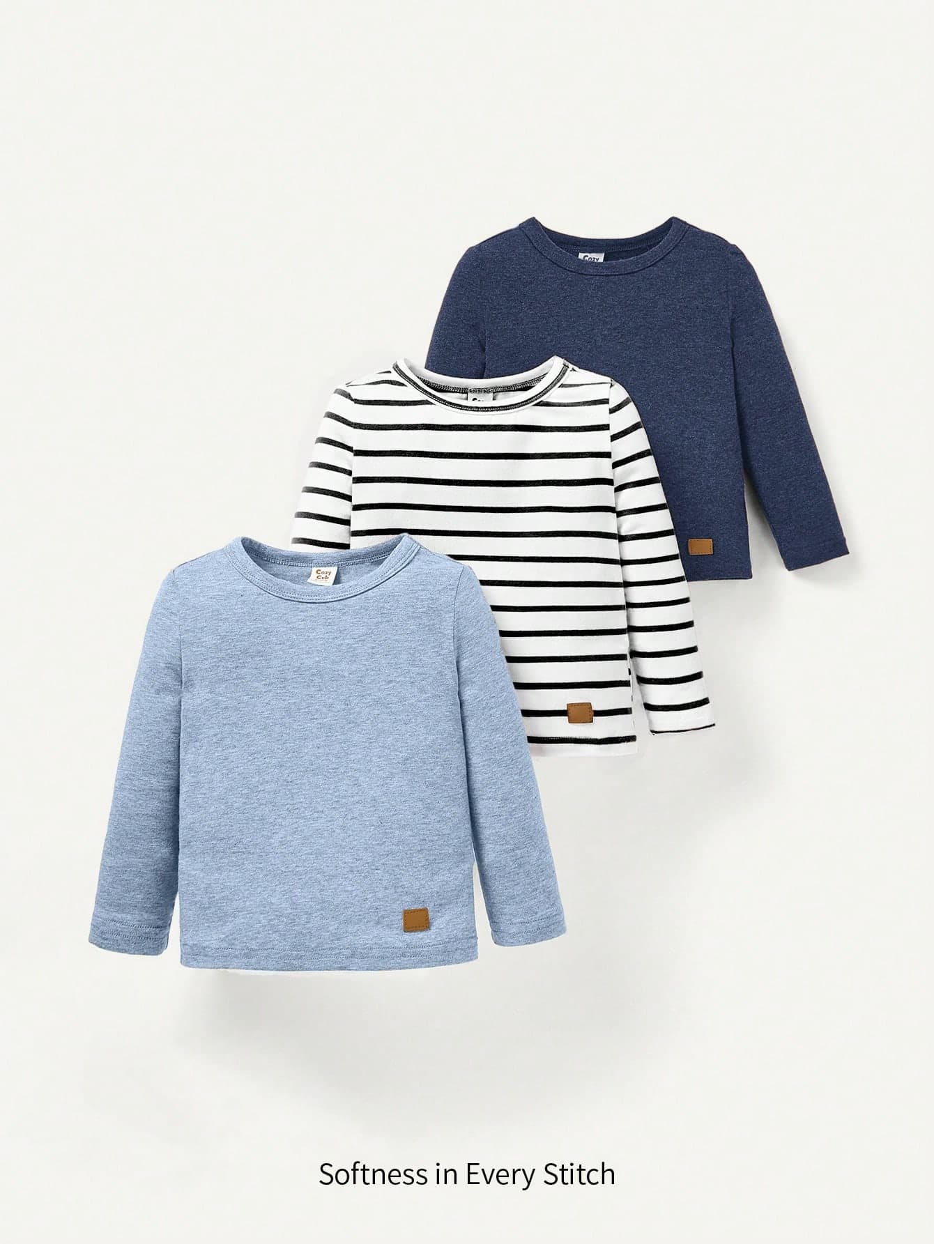 SHEIN Young Boy Knitted Solid Color Striped Crew Neck Casual T-Shirt 3pcs Set, Suitable For Spring, Summer, Autumn, Winter, Suitable For Street Style, Daily Wear, Outings, Outfits Easy Comfort, Layers For Kids, Stylish Kids, Casual Wear, Kids Sports College Number Graphic T-Shirts, Back To School, Homecoming