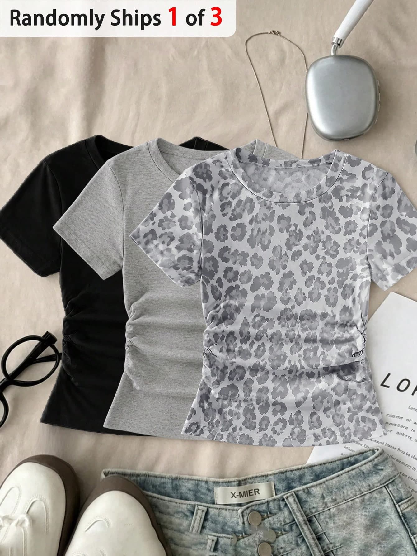 SHEIN 1 Random Item From 3 Slim Fit Short Sleeve T-Shirt For Teen Girls, Side Ruched Design To Tighten Waistline, Elastic Skin-Friendly Fabric,