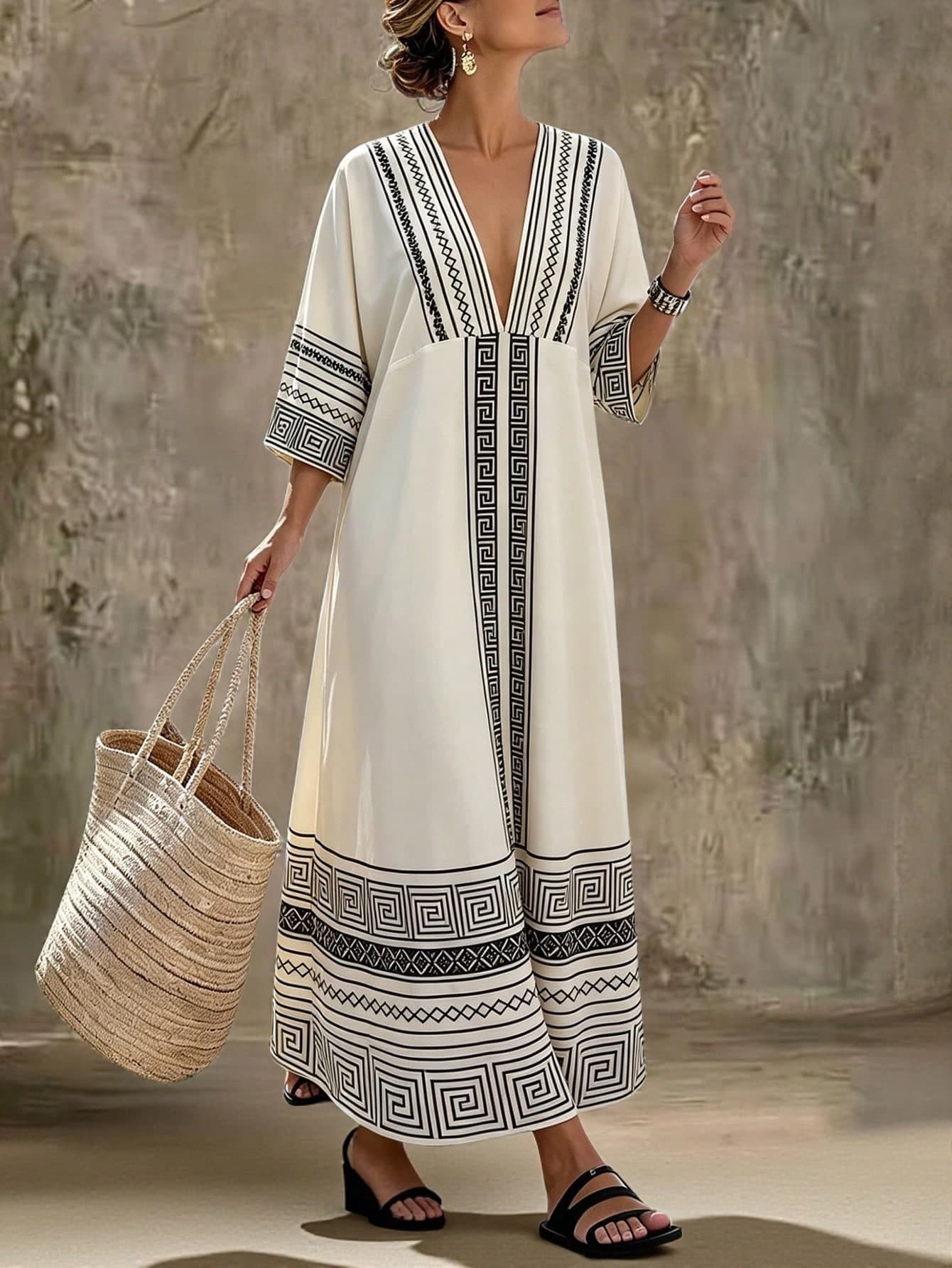 Ceyna New Plus Size Women's Black And White Bottom Geometric Print Loose V-Neck Batwing Half Sleeve Autumn Long Dress Party Boho