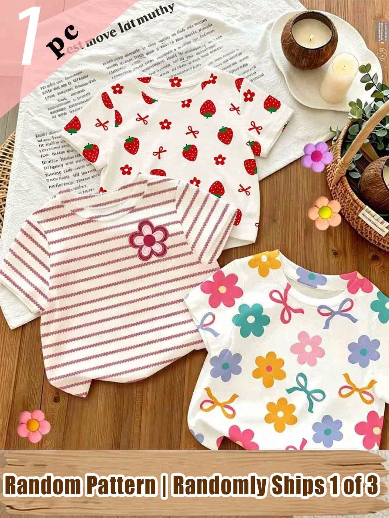 Souflis Souflis (Random 3 Pcs,Send 1 Pc)Baby Girl Cute Colorful Floral Rice Bottom Bow Strawberry Striped Pattern Basic Short T-Shirt, All Season Daily Wear