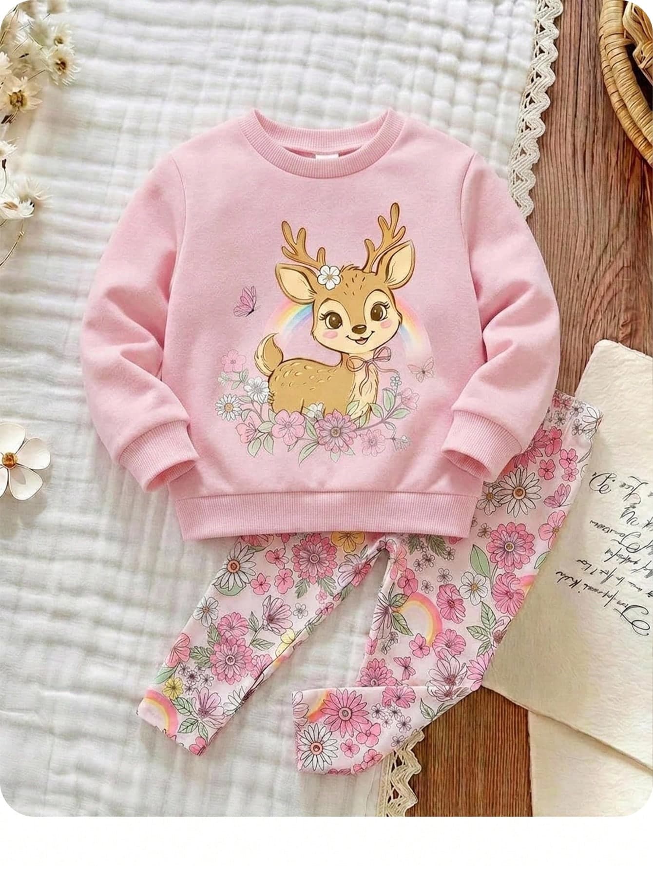 SHEIN Baby Girl Cute Casual Knitted Cartoon Pattern Hoodie & Elastic Waist Long Pants Set