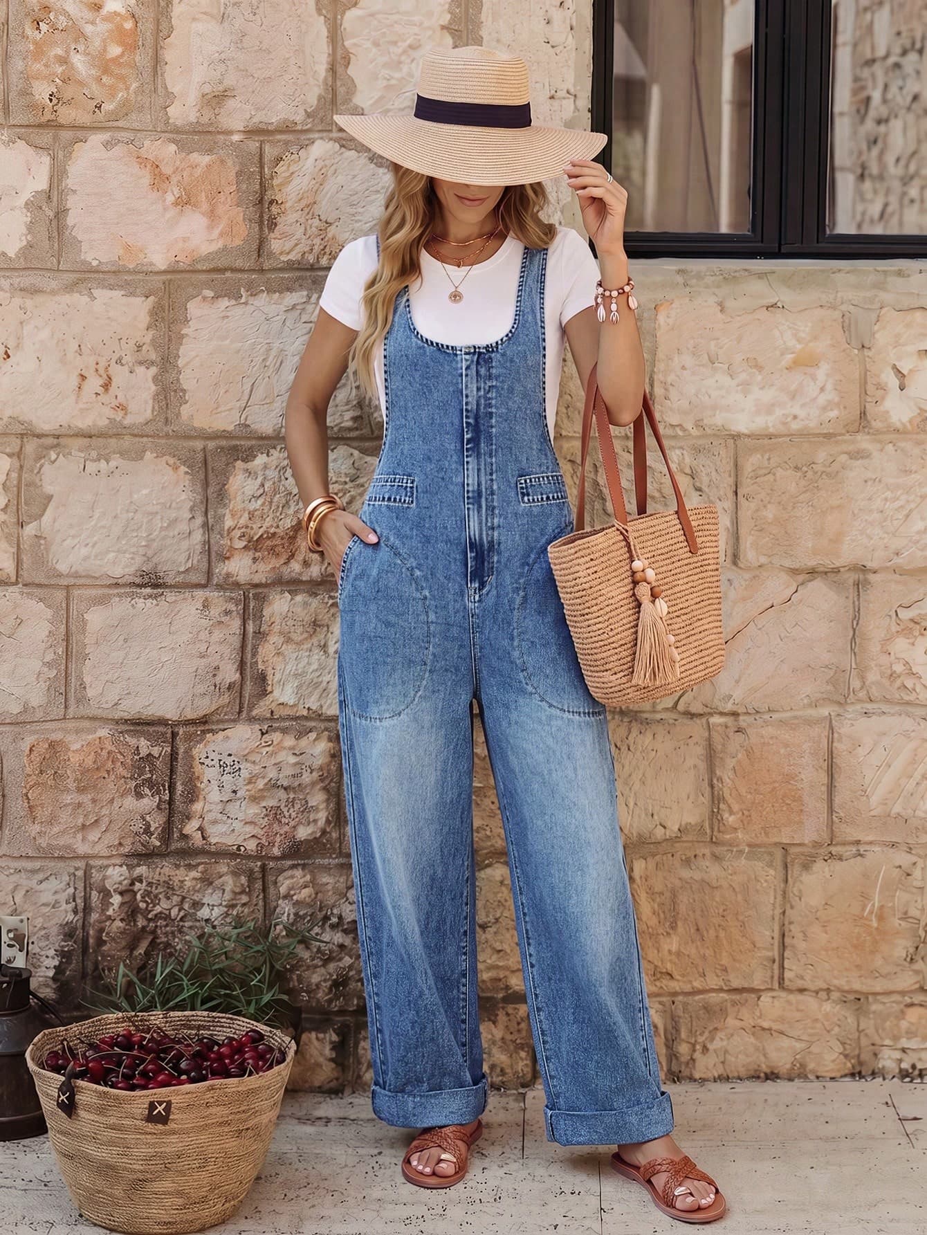 SHEIN LUNE Loose Casual Non-Stretch Zippered Pocket Washed Denim Overalls Culottes