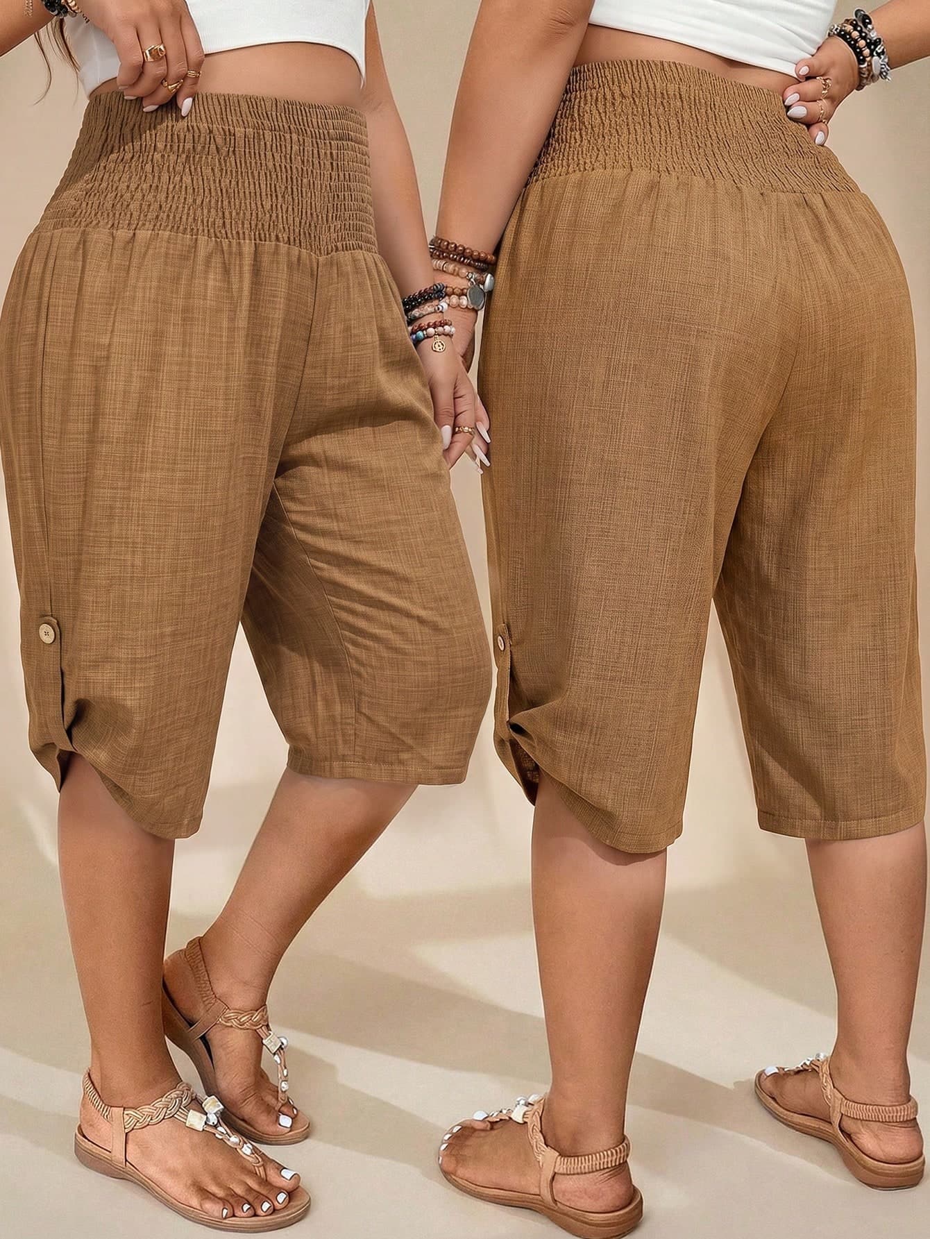 Comfylo Plus-Size Women'S Summer Women'S Casual Boho Drawstring Waist 7-Point Pantsbermuda Shorts, Vacation Brown