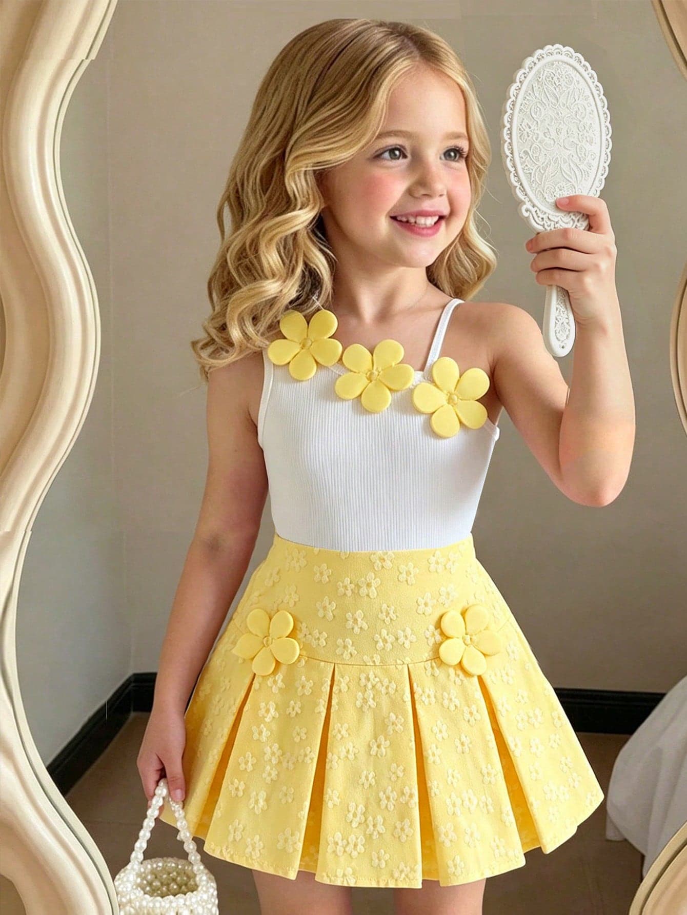 Elladie kids Spring/Summer Toddler Girls' Yellow & White Contrast Floral Decor Sleeveless Top And White Pleated Skirt Set, Sweet & Cute, Suitable For Daily Wear, Outdoor, Play, Travel