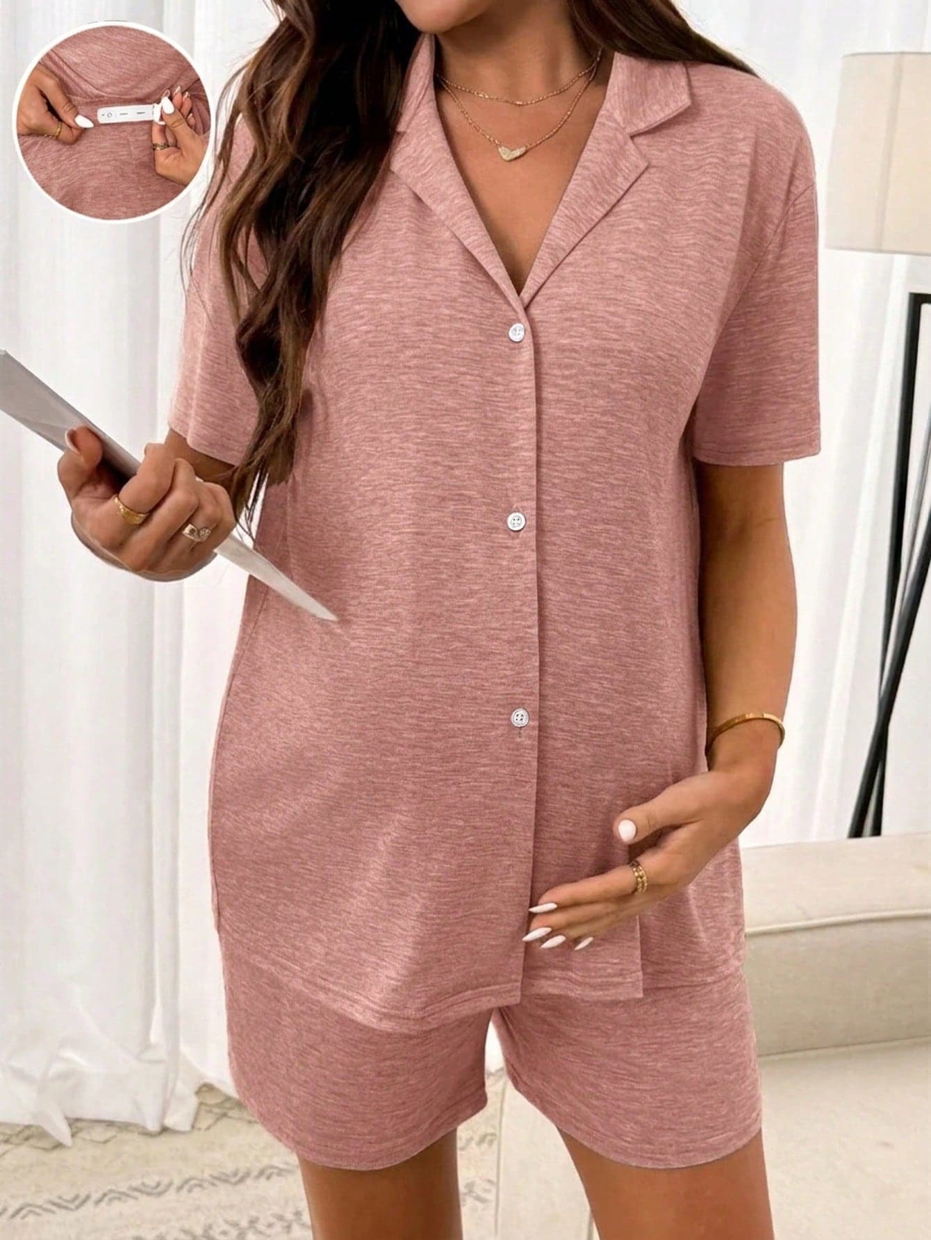 Slowluna Maternity Solid Color Mottled Collar Short Sleeve Single-Breasted Top And Adjustable Waist Shorts Casual 2 Pieces Set