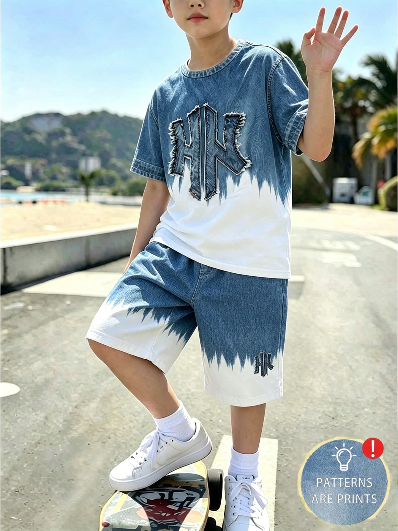 Boys Big Kids Summer American Casual Style 2-Piece Set, Blue & White Gradient HK Patch Embroidery Crew Neck Short Sleeve T-Shirt,School Clothes
