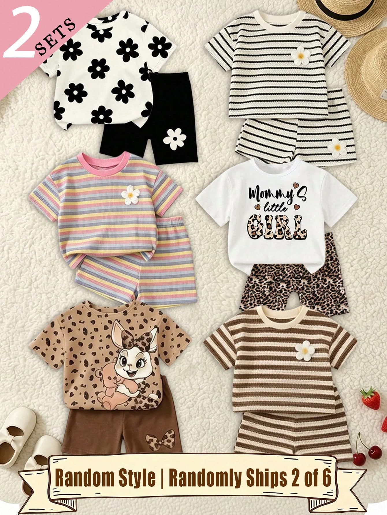 (Random 6 Sets,Send 2 Set)Summer Baby Girl Colorful Striped Floral Leopard Print Cartoon Rabbit Pattern Letter Print Basic Short T-Shirt And Cycling Pants 2-Piece Set,Autumn All-Season Outfit,Classic Striped Cartoon