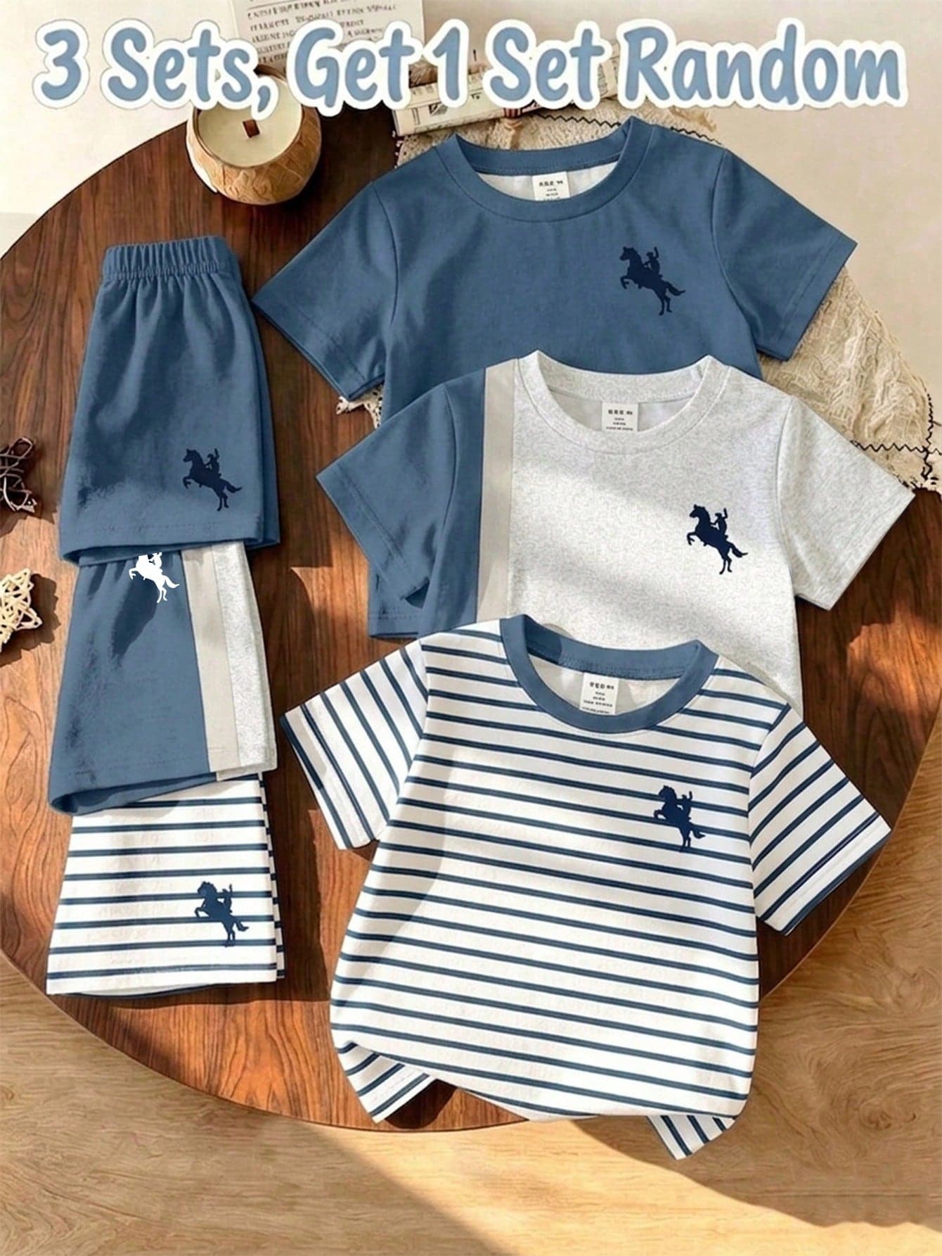 Souflis Souflis Random 3 Sets Get 1 Set Blue & Grey Contrast Color Grey & Blue Baby Casual Fashion Classic Knight Print Crew Neck Short Sleeve T-Shirt & Shorts Set