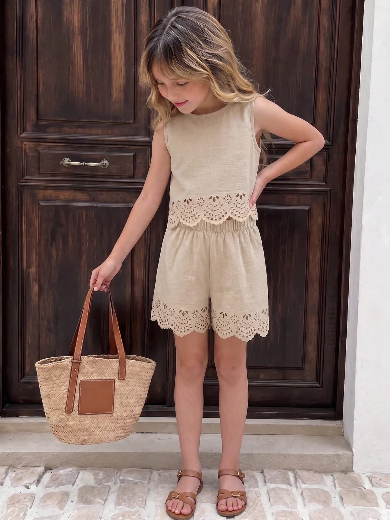 SHEIN Sparklyn Tween Girls Casual Tropical Vacation Sleeveless Top And Shorts Set, Beige Pattern Paired With Fabric, Suitable For Daily Casual And Social Gatherings