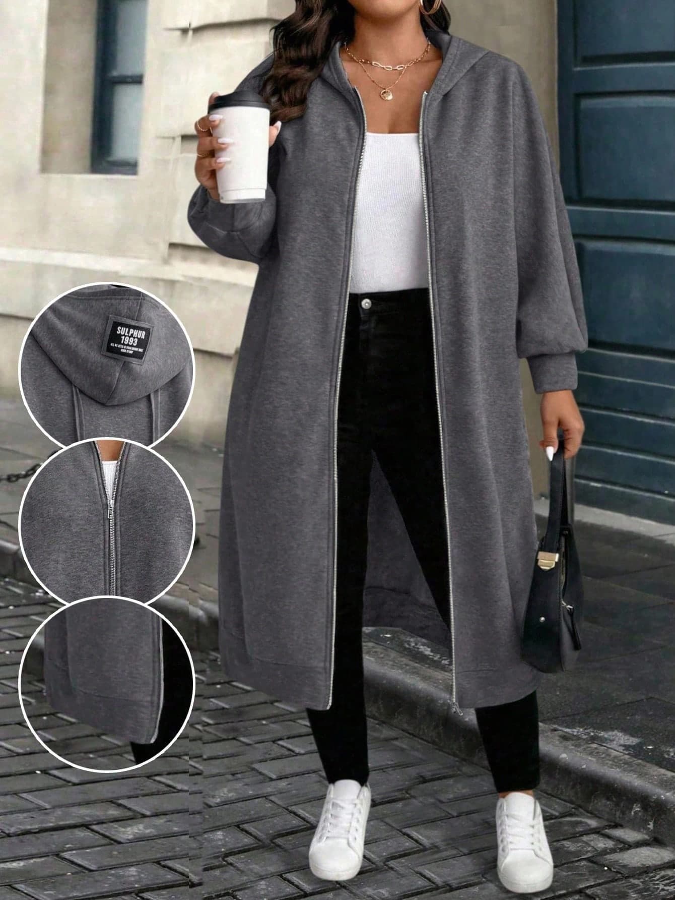 SHEIN CURVE+ Plus Size Women Dark Gray Casual Versatile Long Hoodie For Autumn/Winter Fall Cloth For Women